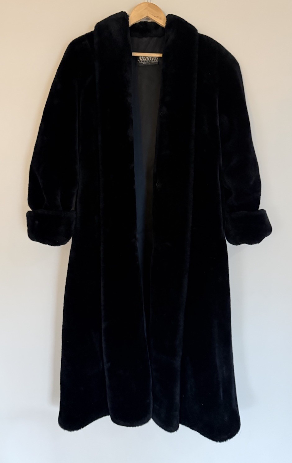 Vintage Monterey Fashions Faux Mink Fur Coat Womens Black Full Length USA Sz S