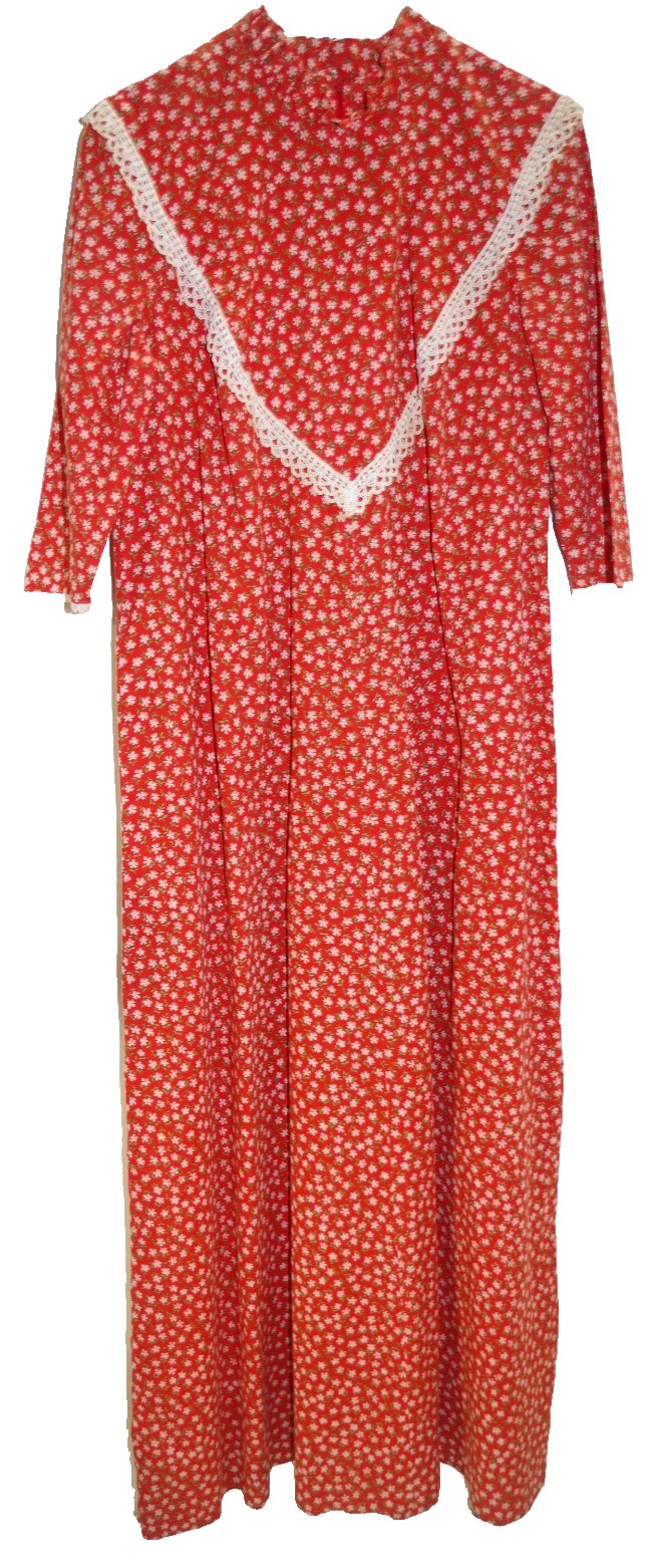 F3 – Vintage 70s Penneys Hawaii Long Maxi Dress 14 Orange Tiny Floral Lace Trim