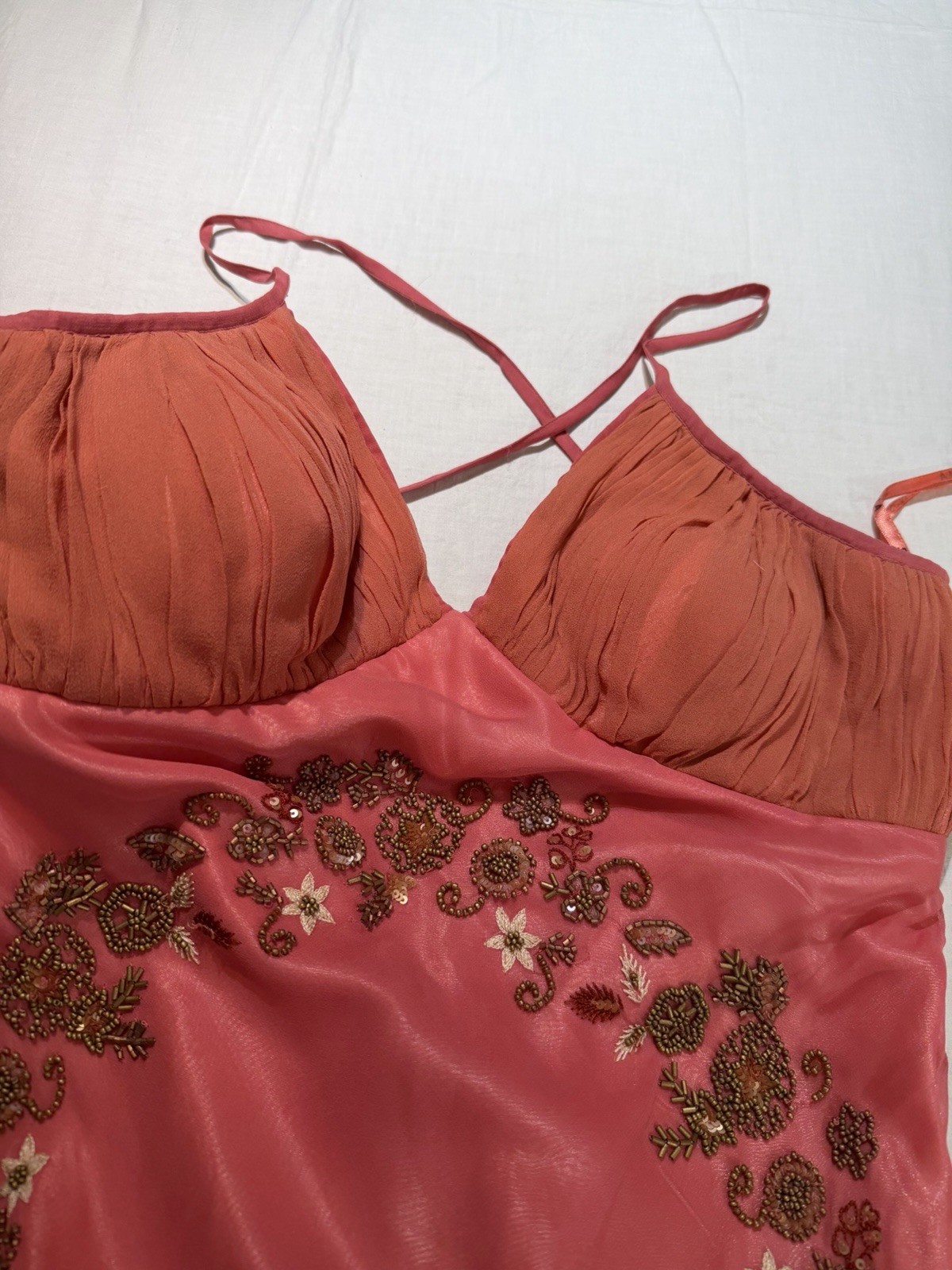Vintage 90s Scala Coral Salmon Silk Beaded Mermaid Gown-M/L