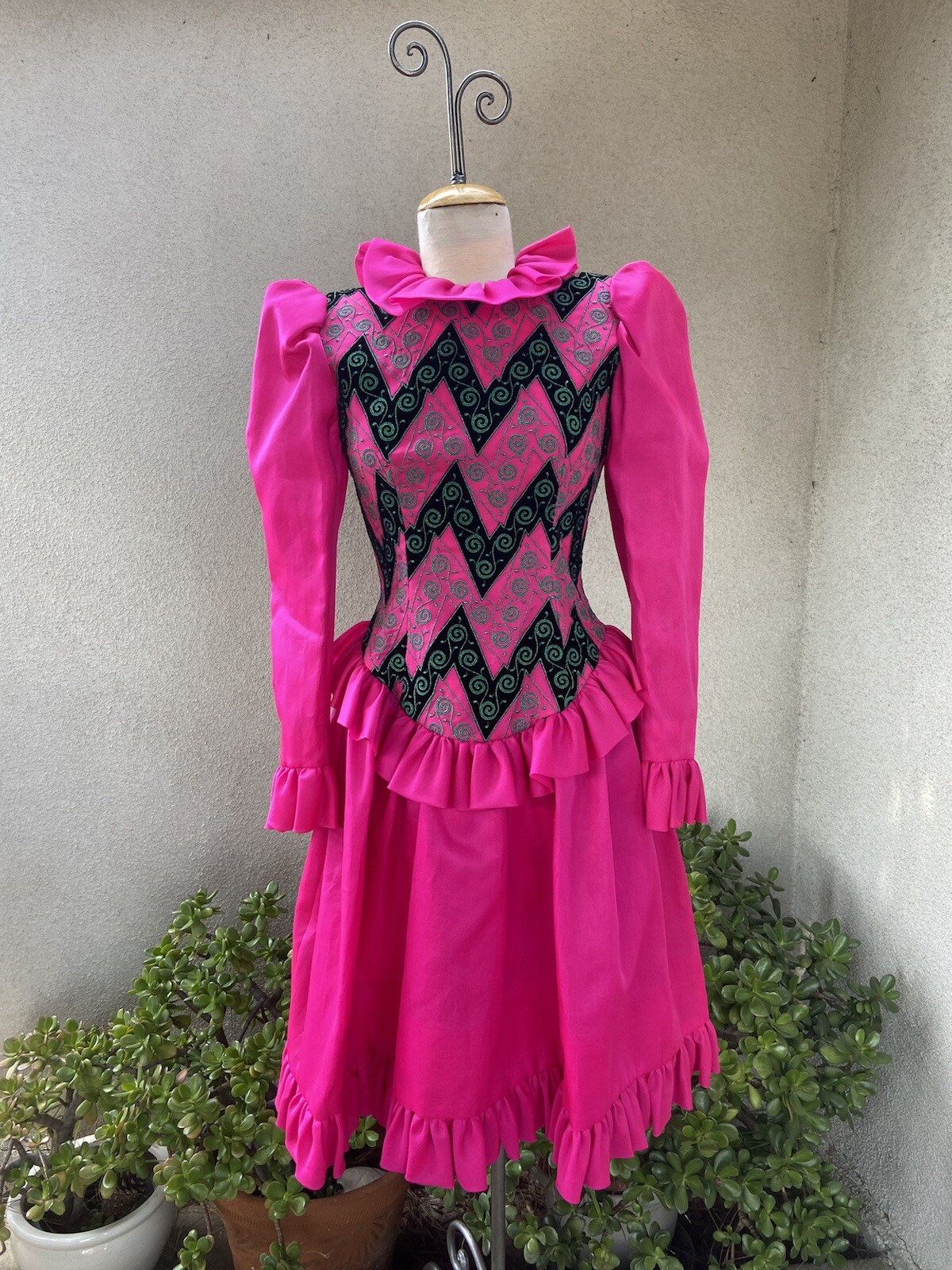 Vtg Amen Wardy designer neon chiffon dress ruffles embroidery XS/S P