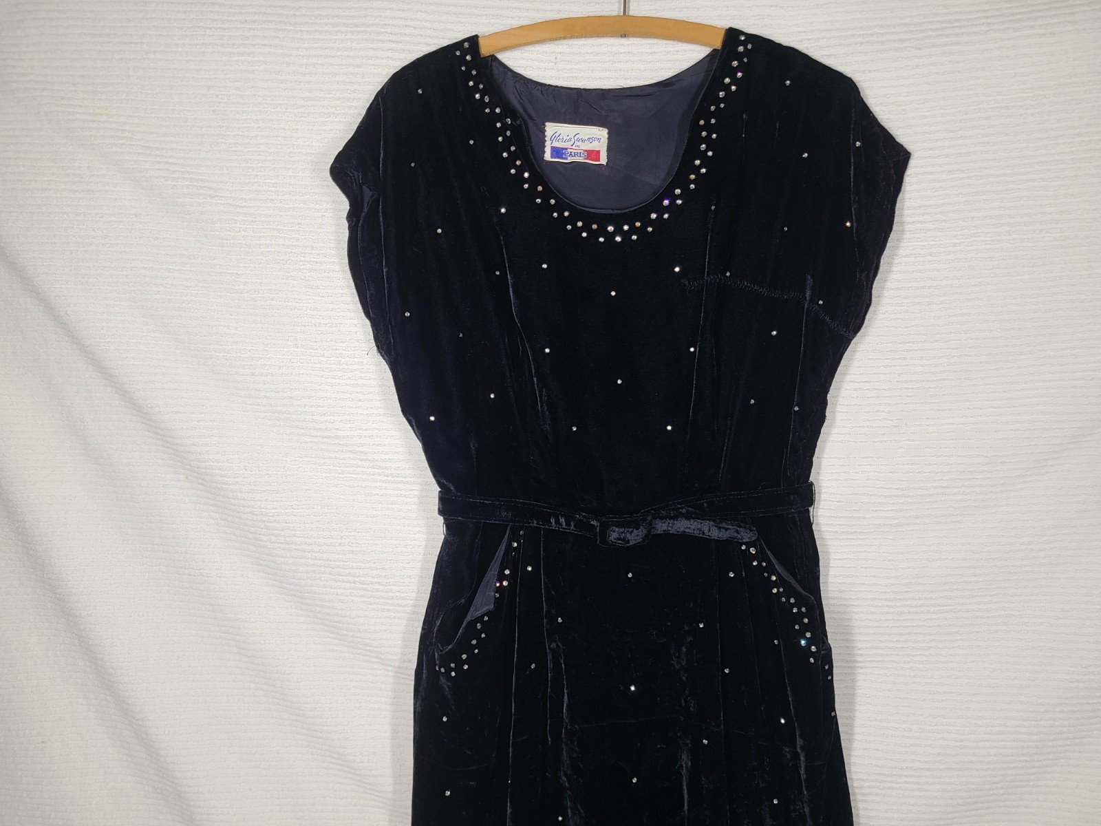 Vtg 40s Dress Black Velvet Night Sky Rhinestone wBelt Gloria Swanson Paris AsIs