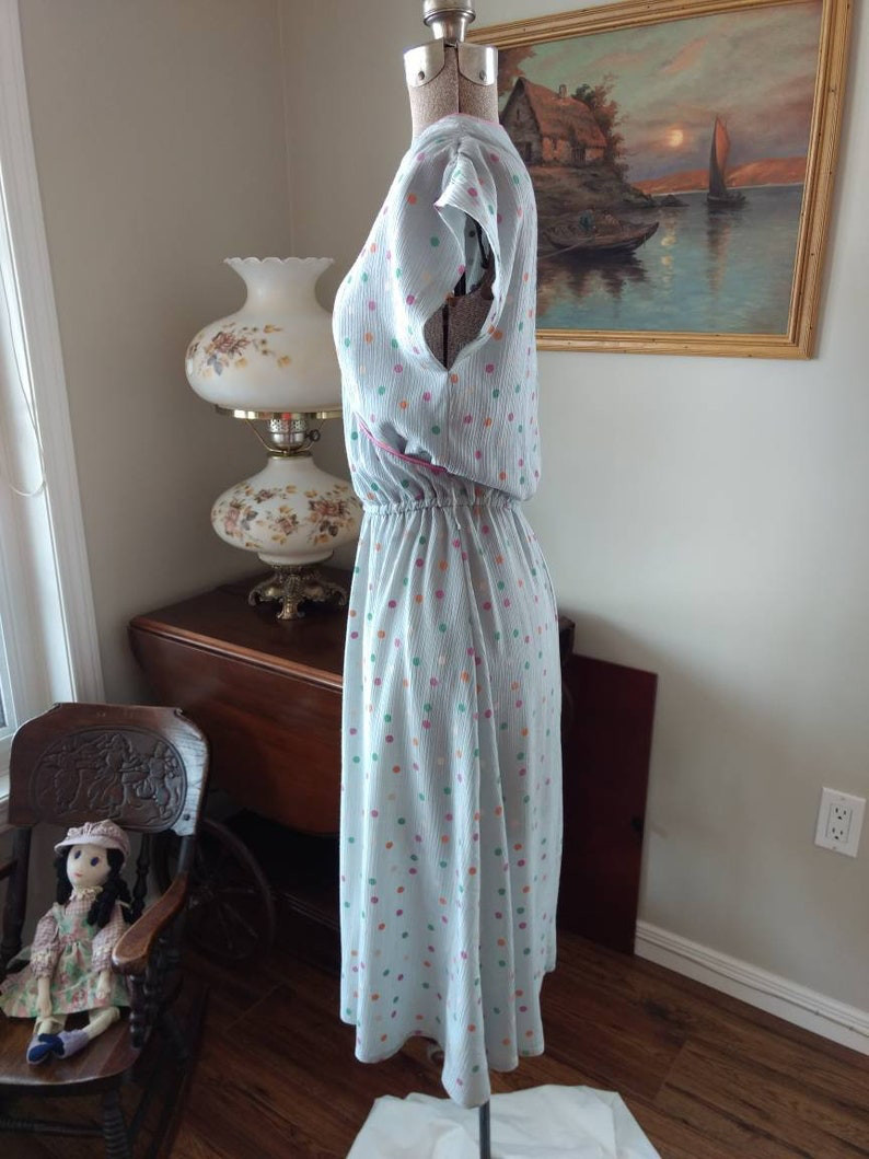 Vintage 80s Polka Dot Dress Gray Pink Green Orange White Crossover Bust