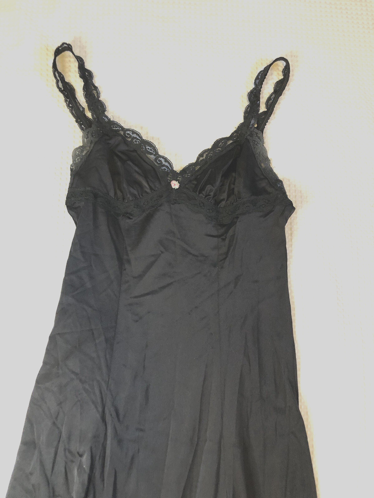 Olga 1349F Black Size 34 (29″) Full Slip Nightgown Lace Trim Bust Nylon Vintage
