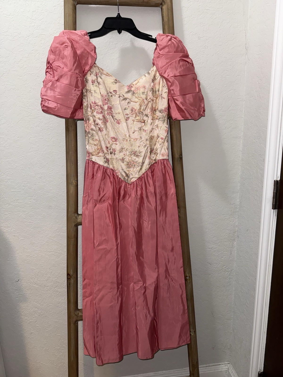 Vintage Glenrob 80s Puff Sleeve Prom Dress Pink Floral Bridgerton 9/10 USA Made