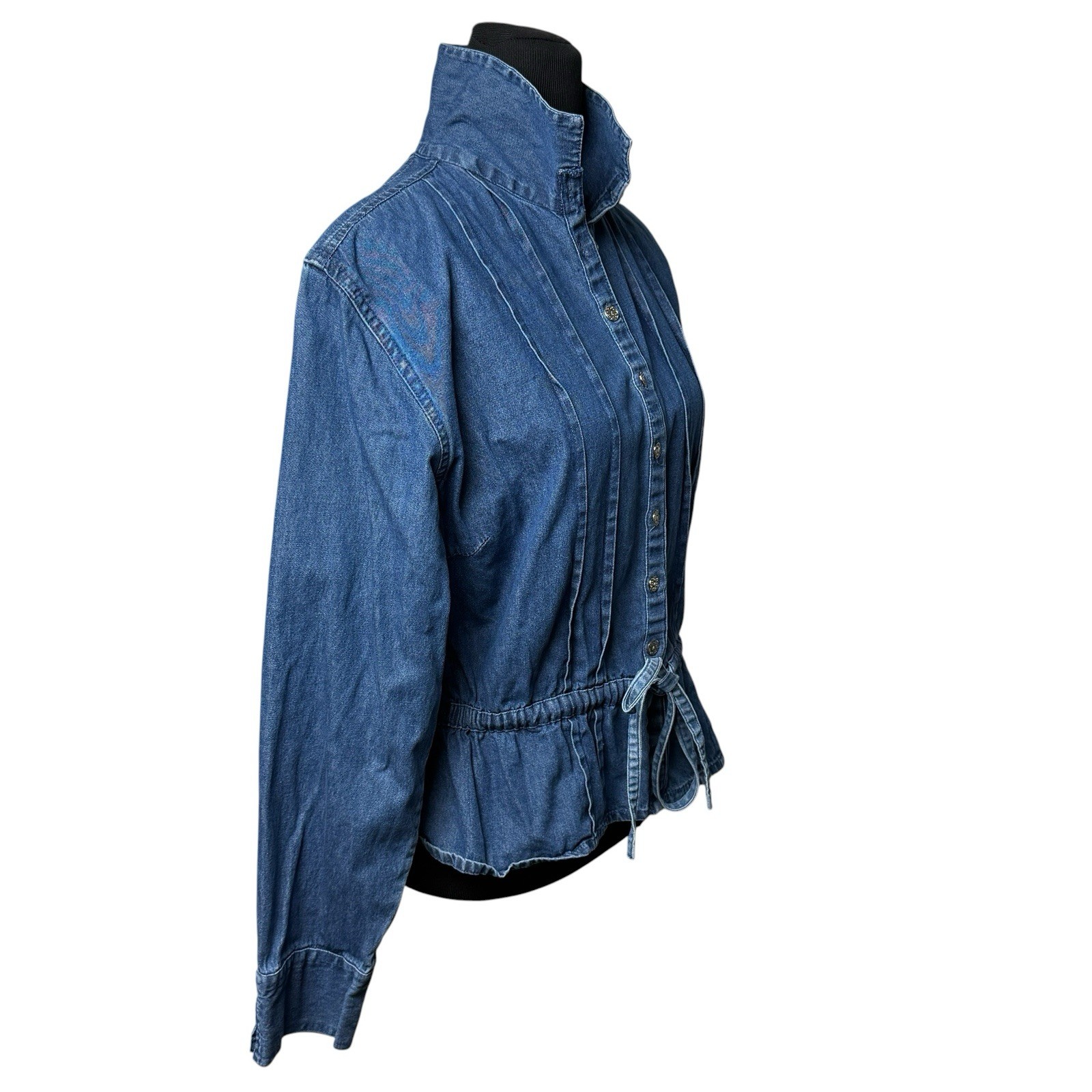 Vtg Denim Peplum Shirt Jacket Xl Collared Button Down Pintuck Preppy Classic EUC