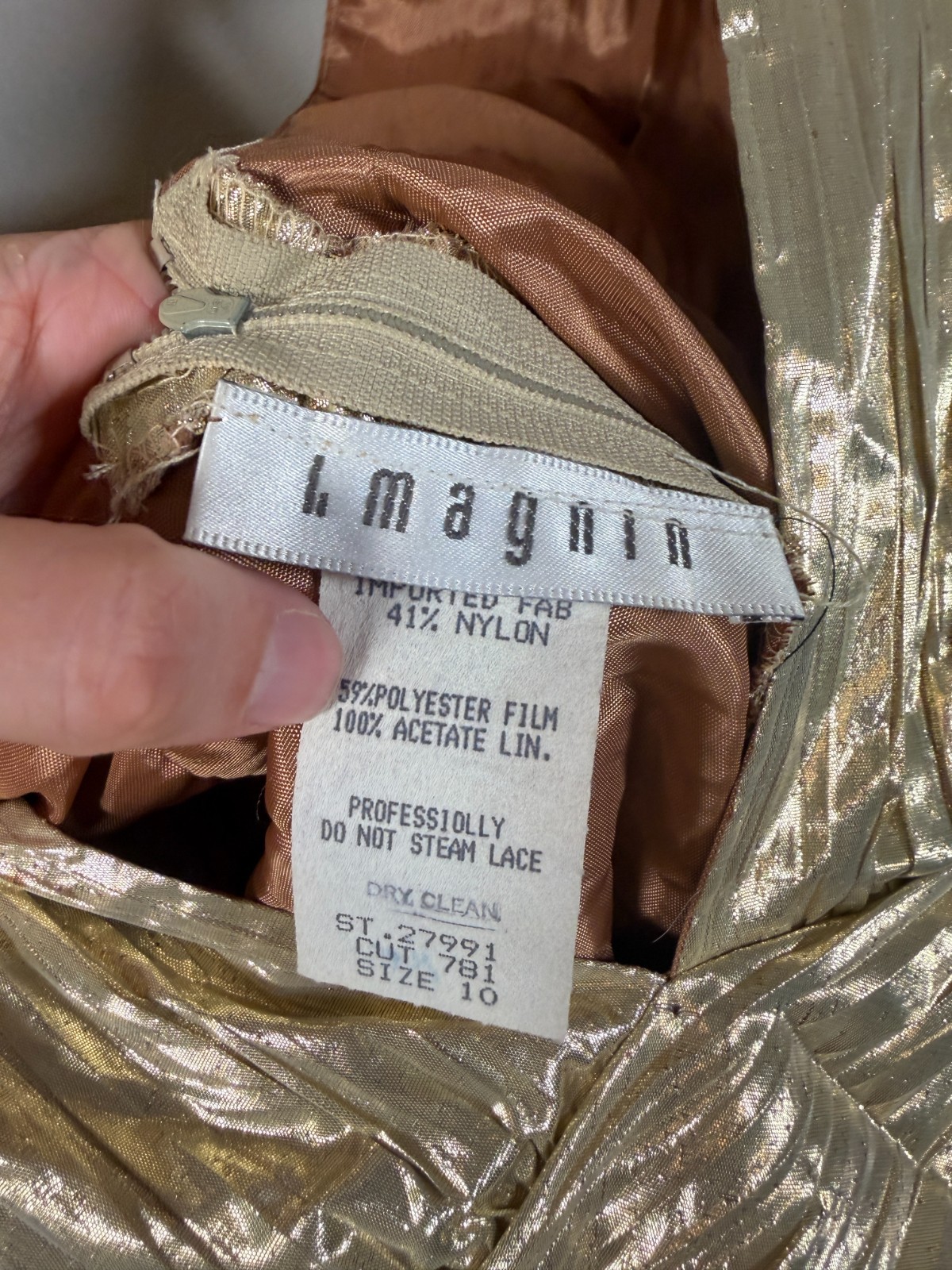 Vintage I. Magnin Gold Lame Dress Size 10 Glam Party Cocktail Metallic 80s