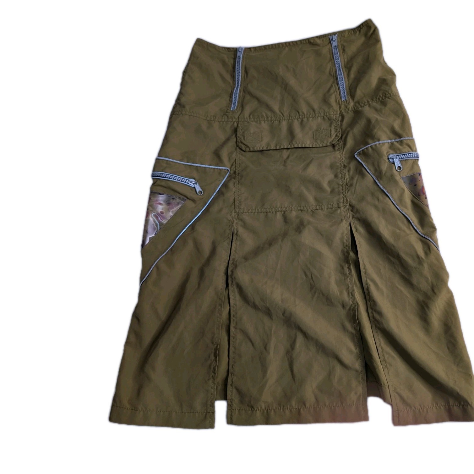 VTG 90s Y2K Toasta Rave Cargo Maxi Skirt Khaki Green Gorpcore Cyber Techwear S