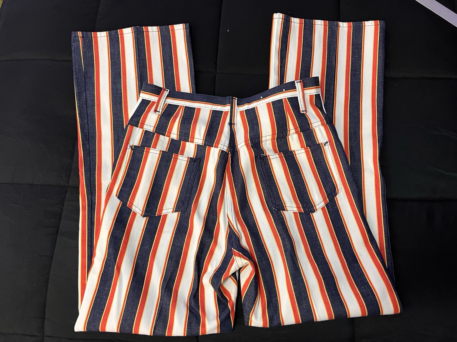 Vintage 70s Handmade Pants Black Orange & White Stripes 28×28.5