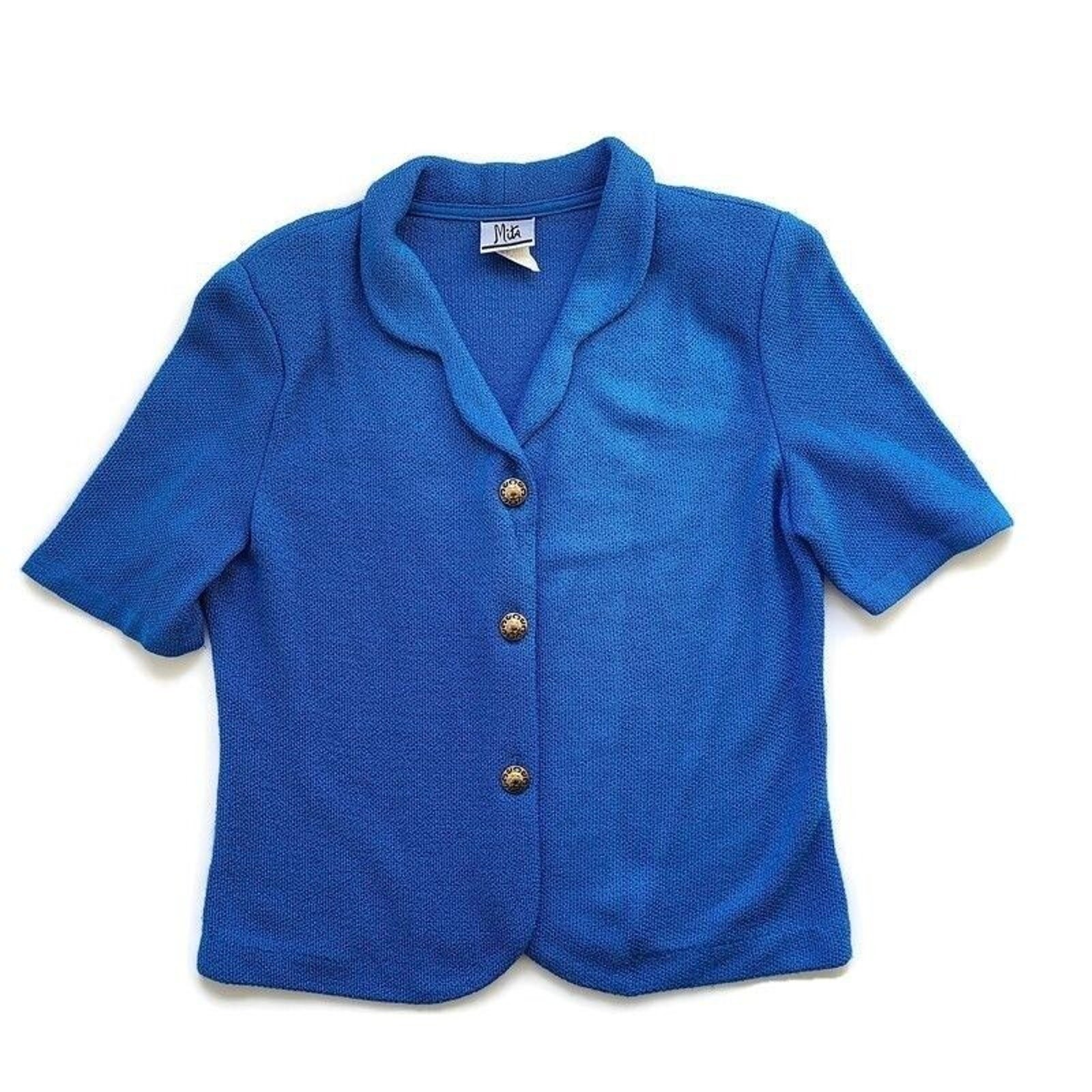 Vintage Santana Knit Button Front Top Tag sz 10 Bright Blue Shirt USA Old Money