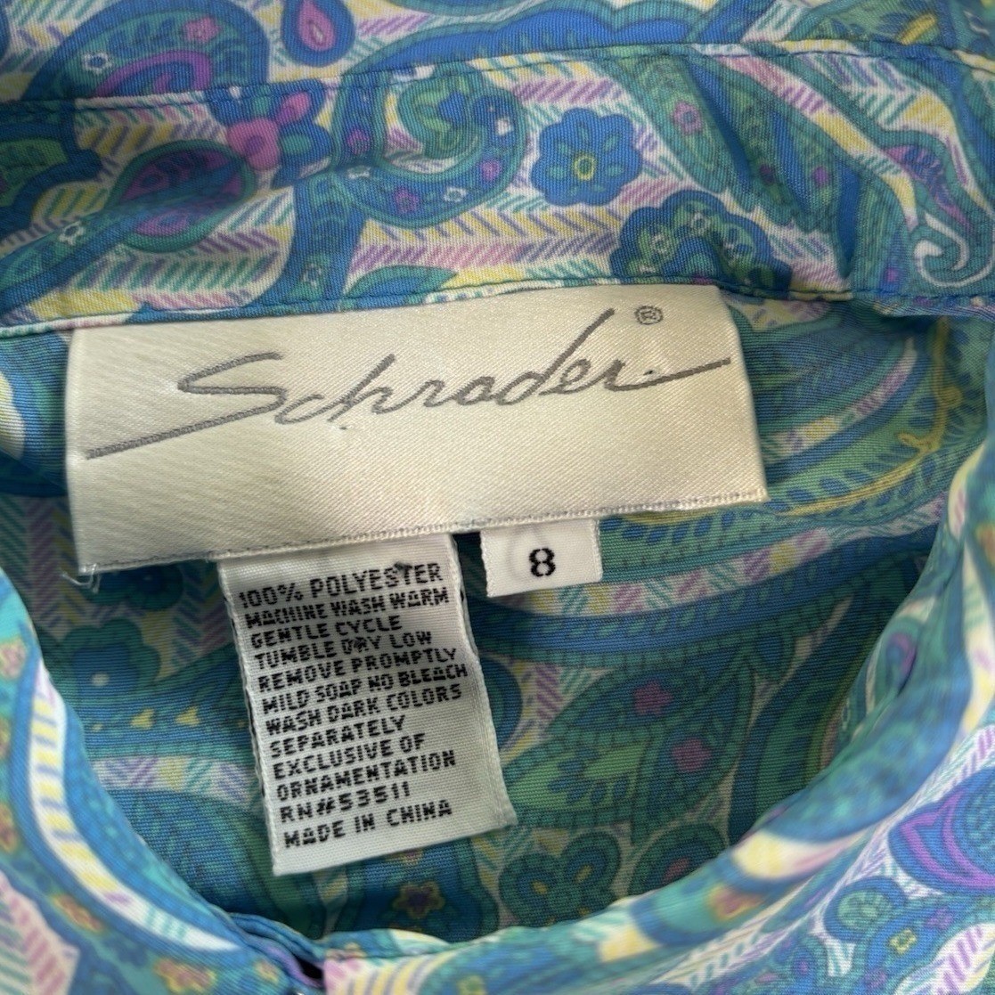 Schrader Vintage Paisley Midi Shirt Dress 8 Blue Green Pockets Button Front 80s