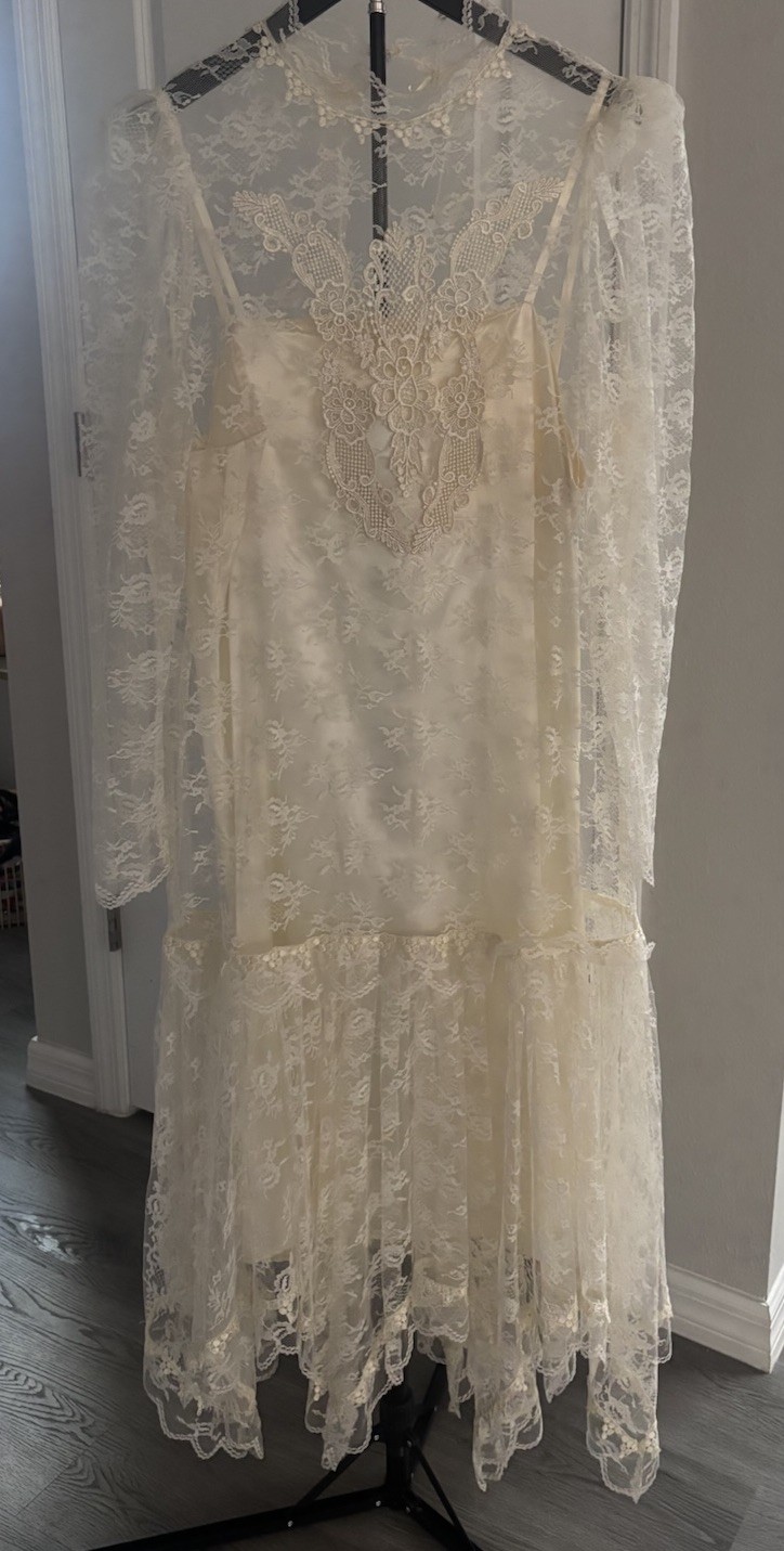 1920s Art Deco Revival Victorian Inspired Dress Vintage Ivory Lace Boho