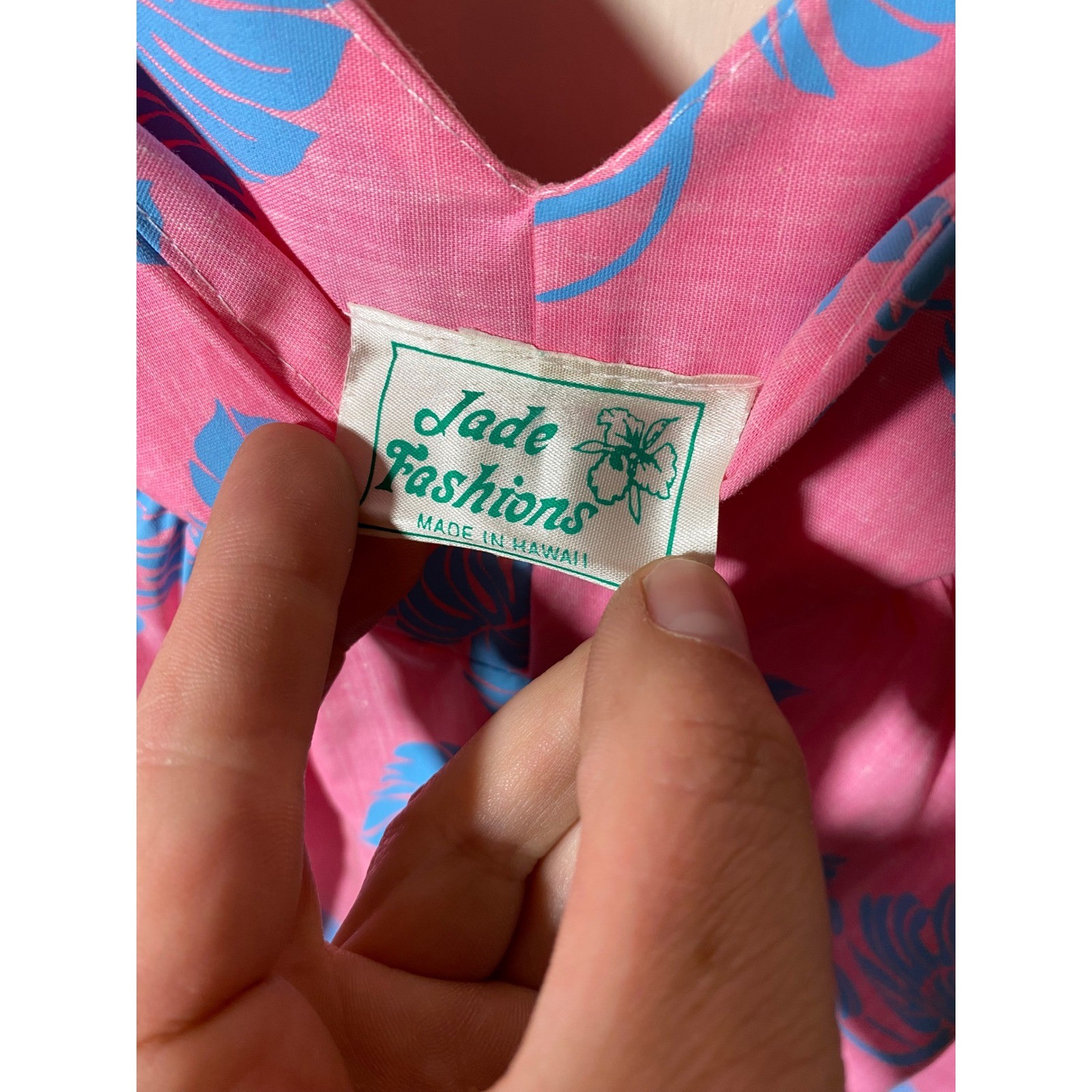 Jade Fashions Pink Blue Tropical Leaf Muumuu Dress Made in Hawaii XL