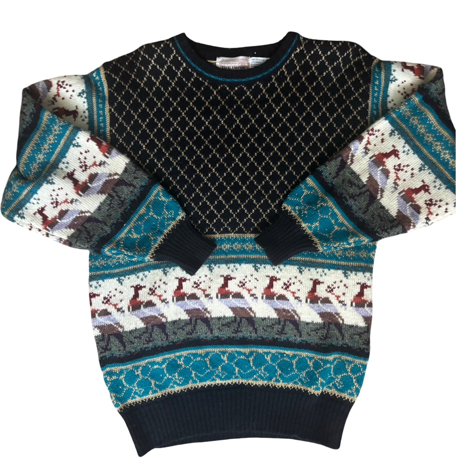 Vintage Holiday – Black Teal Reindeer Sweater – Large – Late 1980s/Early 90s
