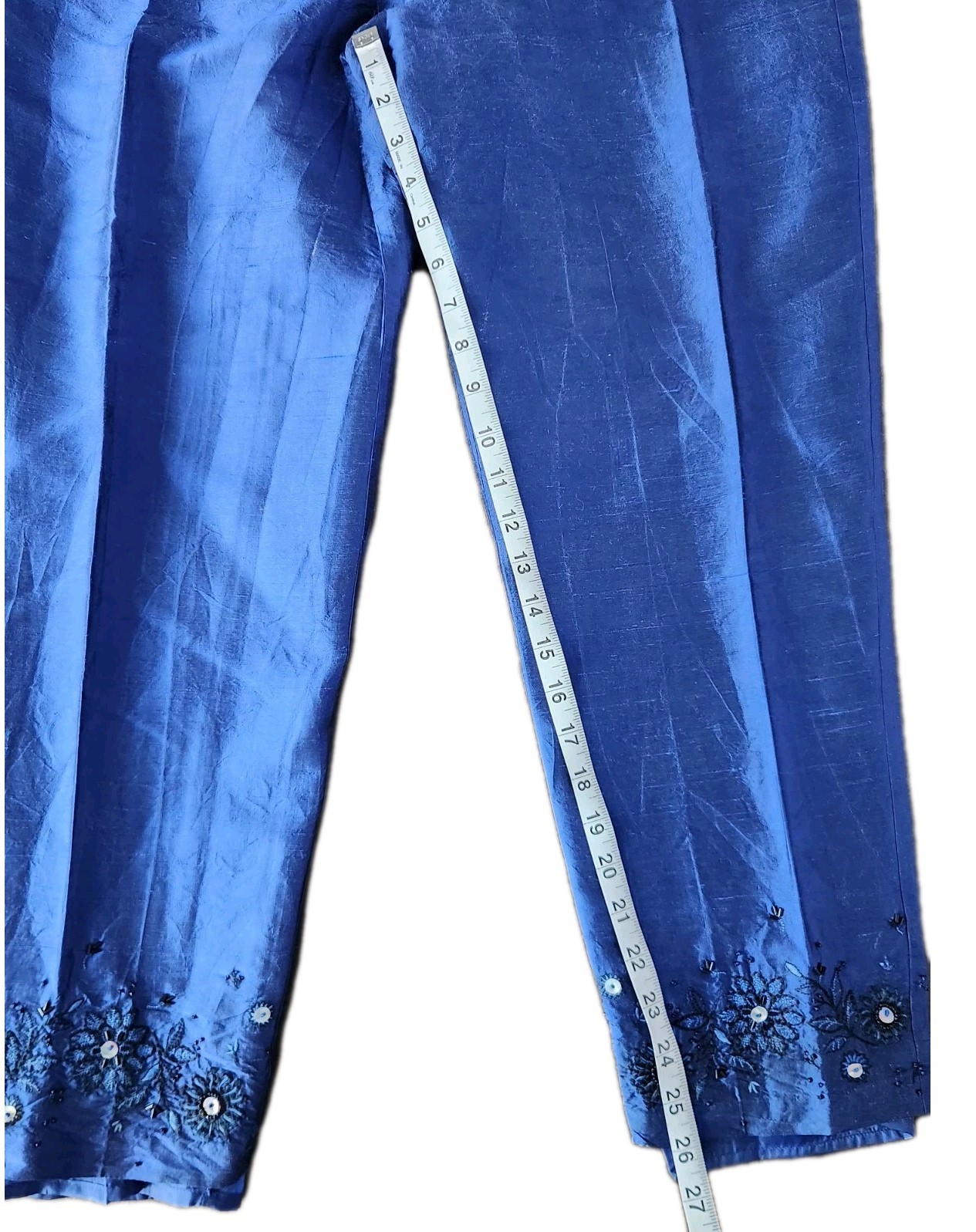 Sunny Leigh Vintage Blue Beaded Silk Dupioni 2 Piece Pants Blouse Set Size M