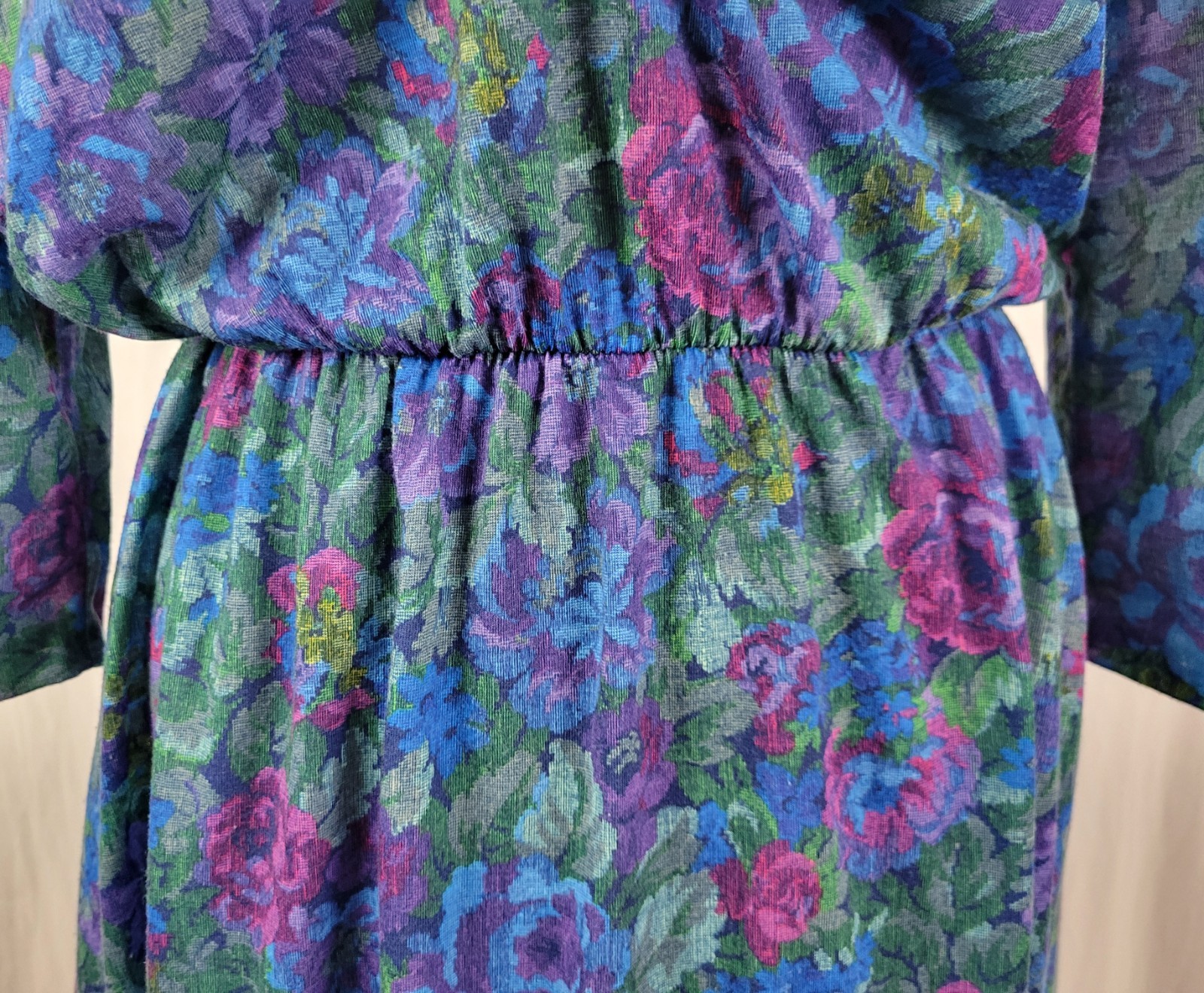 Vintage Sue Sherry Green/Purple/Blue/Magenta Floral Blouson Dress Size 16