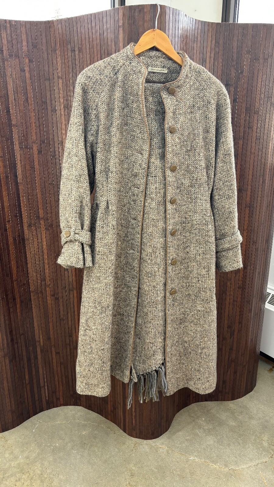 VTG 70s/80s Wool Blend Tweed Full Length Coat with Matching Scarf Set: Size M