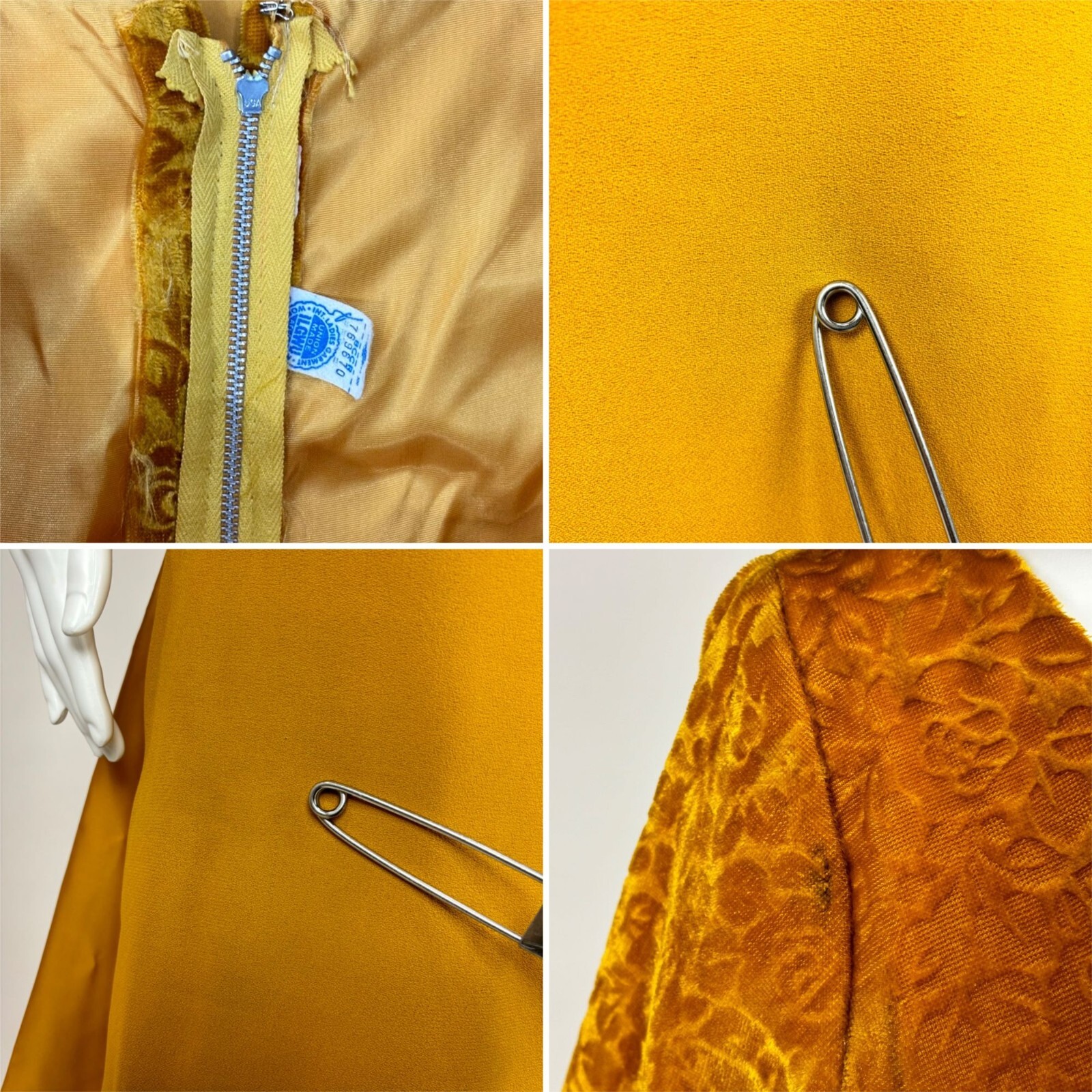 Vintage 60s Formal Dress Women’s Extra Small Mustard Yellow Velvet Maxi