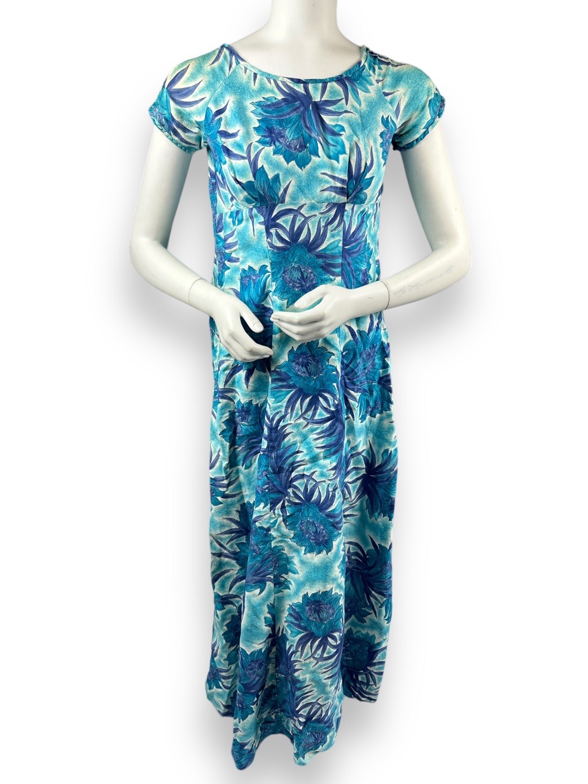 Vtg 60s Hawaiiana Modes Honolulu Blue Aqua Floral Empire Maxi Sundress 32” Bust