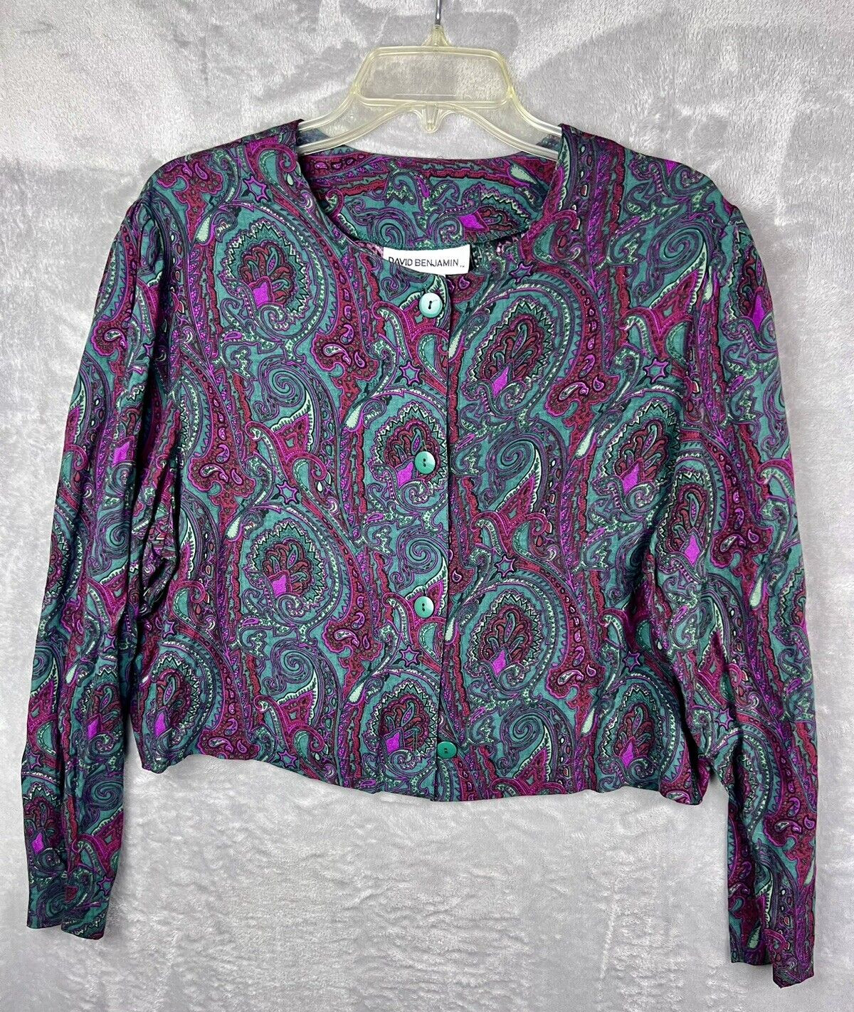 VTG 70’s 80’s David Benjamin Button Up Blouse Paisley Purple And Green Size 16