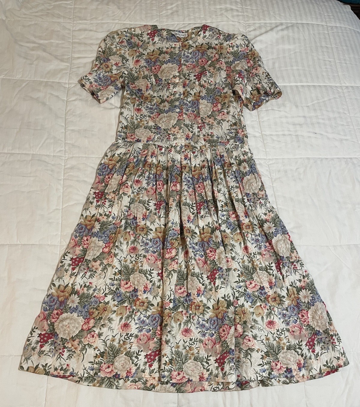 Vtg Significance 90s Cream Floral Cottagecore 10 Midi Dress Buttons & Pockets