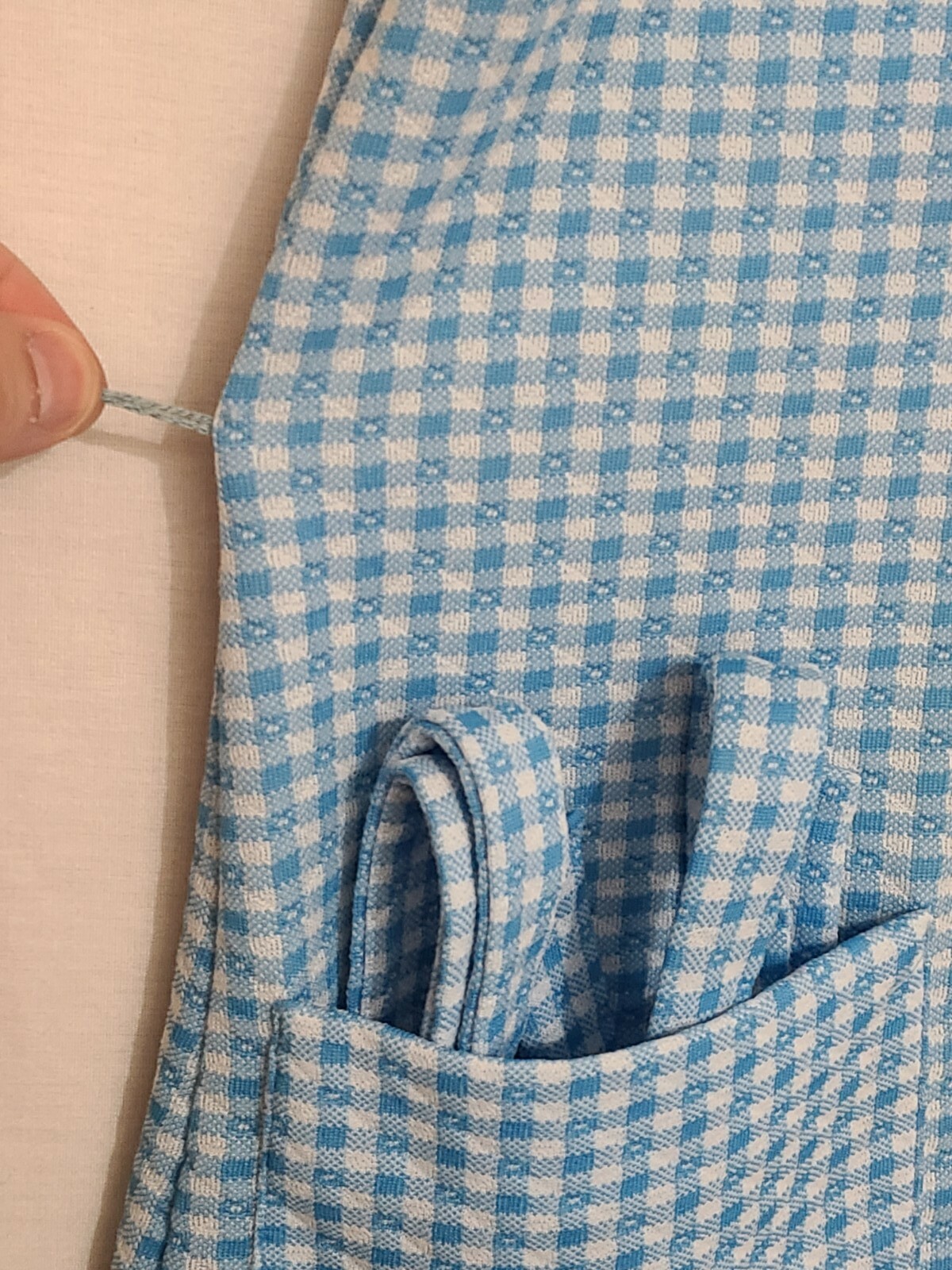 Vtg ‘70s A Nancy Frock Belted House Dress Blue/White Gingham Asymmetrical Button