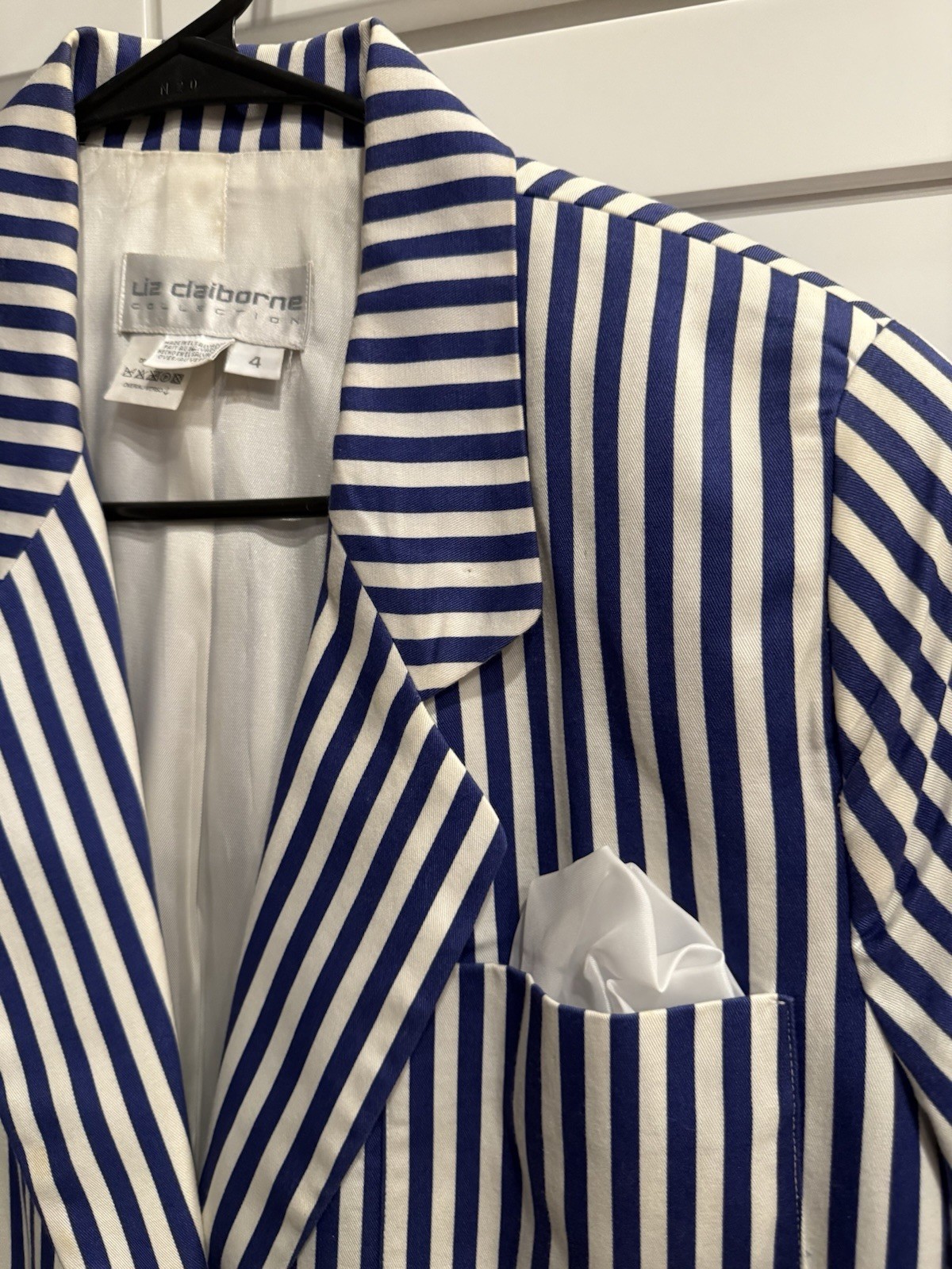Vintage Liz Claiborne Collection Striped Blue White Blazer w/ Gold Buttons