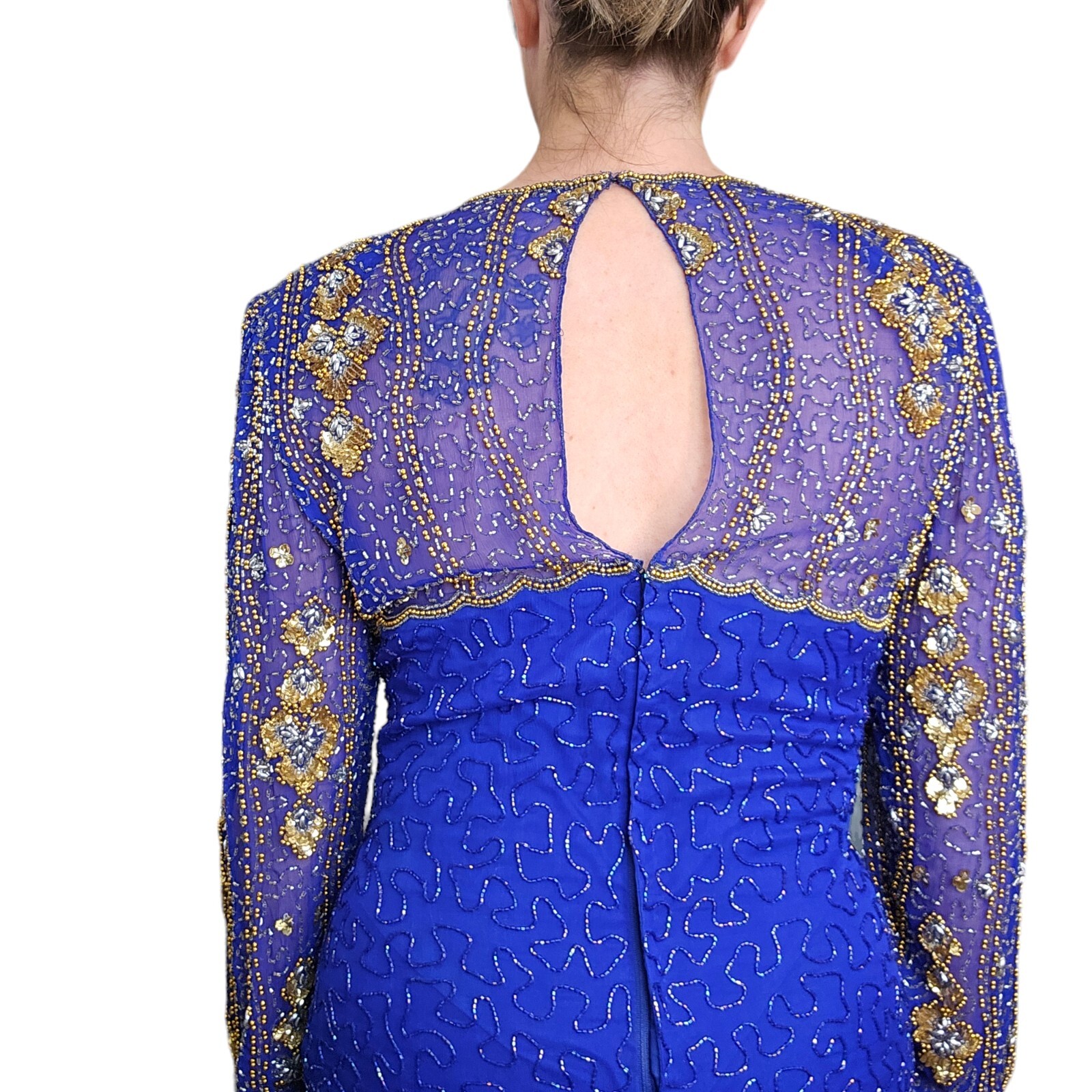 Vintage 80s Royal Blue Silk Beaded Sequins Long Gown Dress Medium 8 10