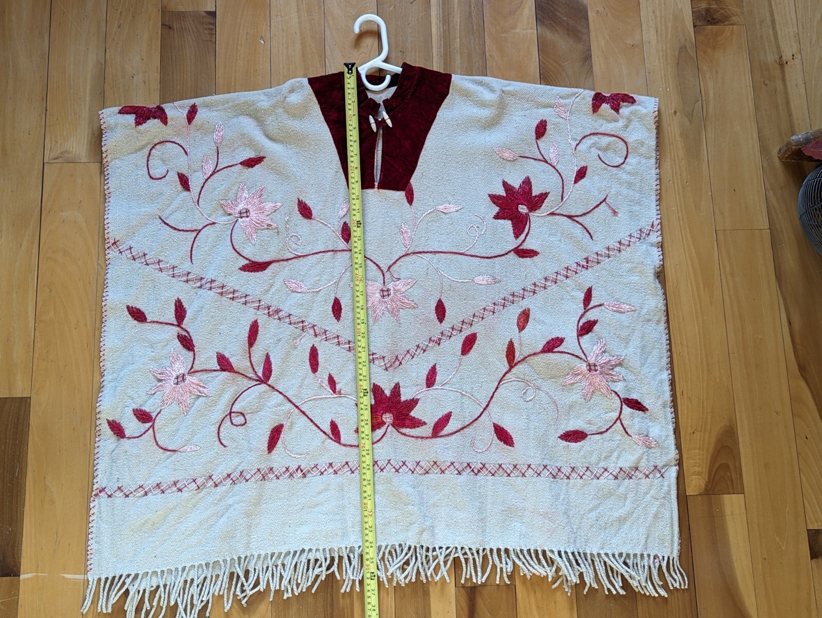 VTG Boho Chic Hippie Unbleached Wool Red Velvet Embroidered Fringe Poncho OOAK