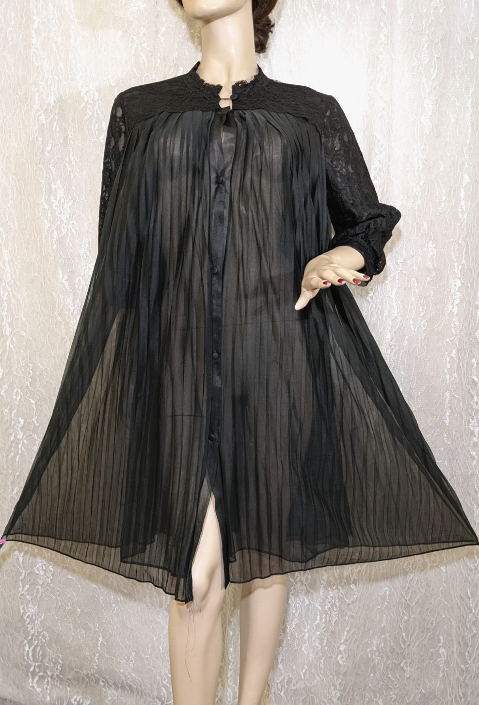 Vintage Charmode Double Layer Chiffon Pleats Dressing Gown Peignoir Robe L