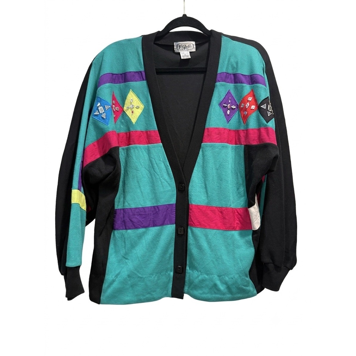 Vintage P Galli Designs Colorblock Studded Rhinestone Cardigan Sweater Women Med