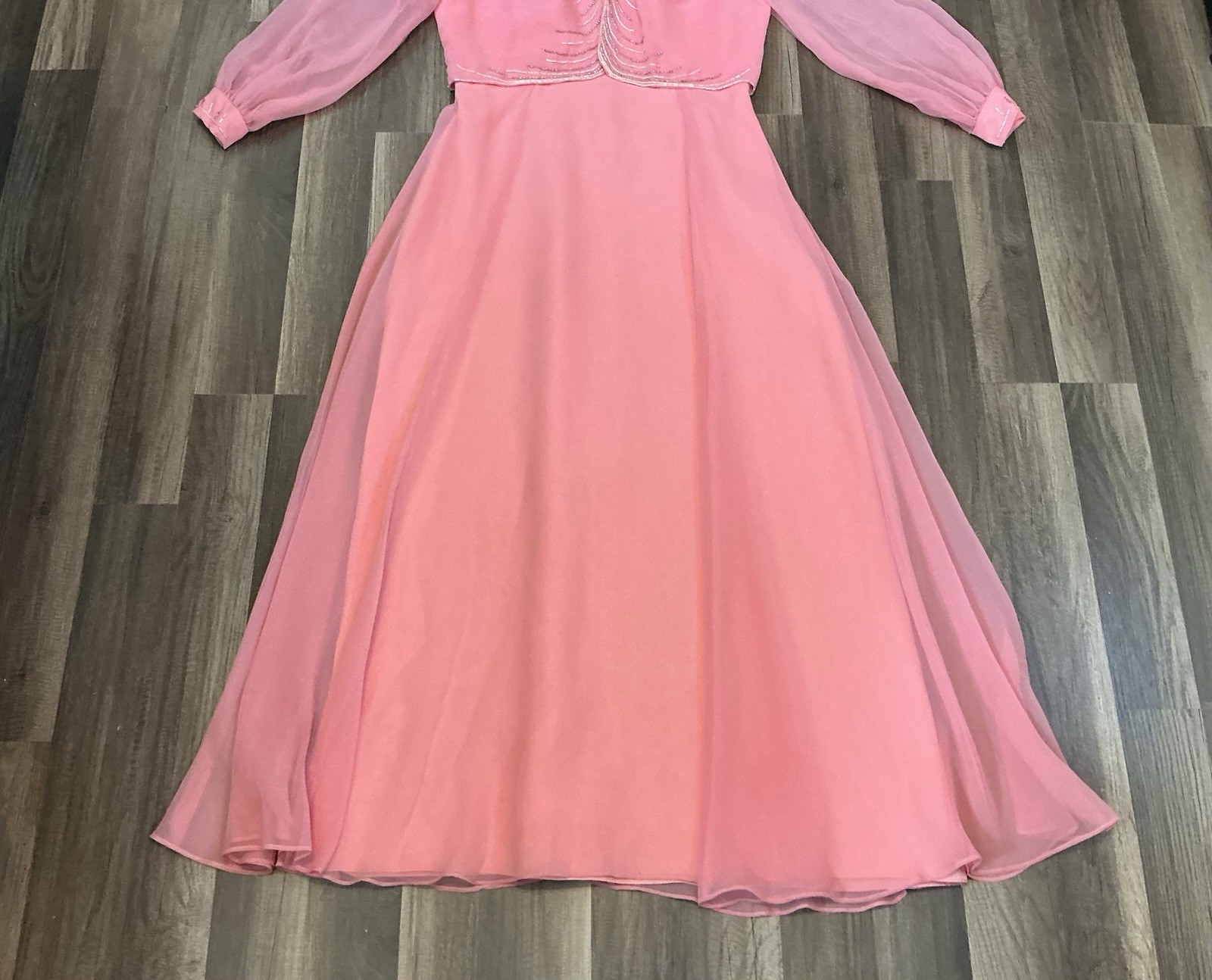 VTG 70’s Elgin Maxi Gown Dress Pink Chiffon Beadwork 5 Victorian Regencycore USA