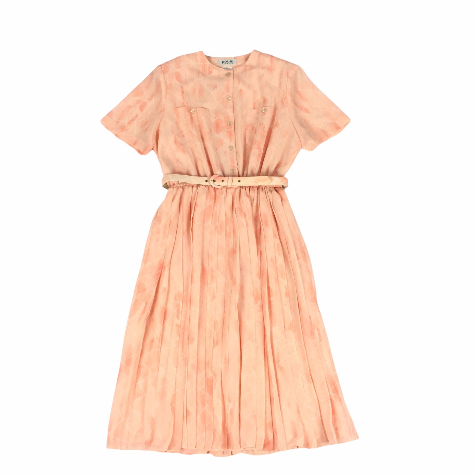 Vintage 1980s Rouie Blouson Smock Dress with Belt Size 12 Peach Chiffon Modest L