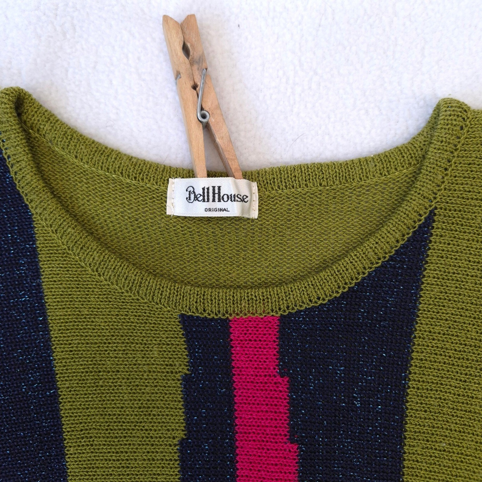 Bell House Sweater Top Green Pink Navy Sz M Vintage 80s Geometric Metallic Knit
