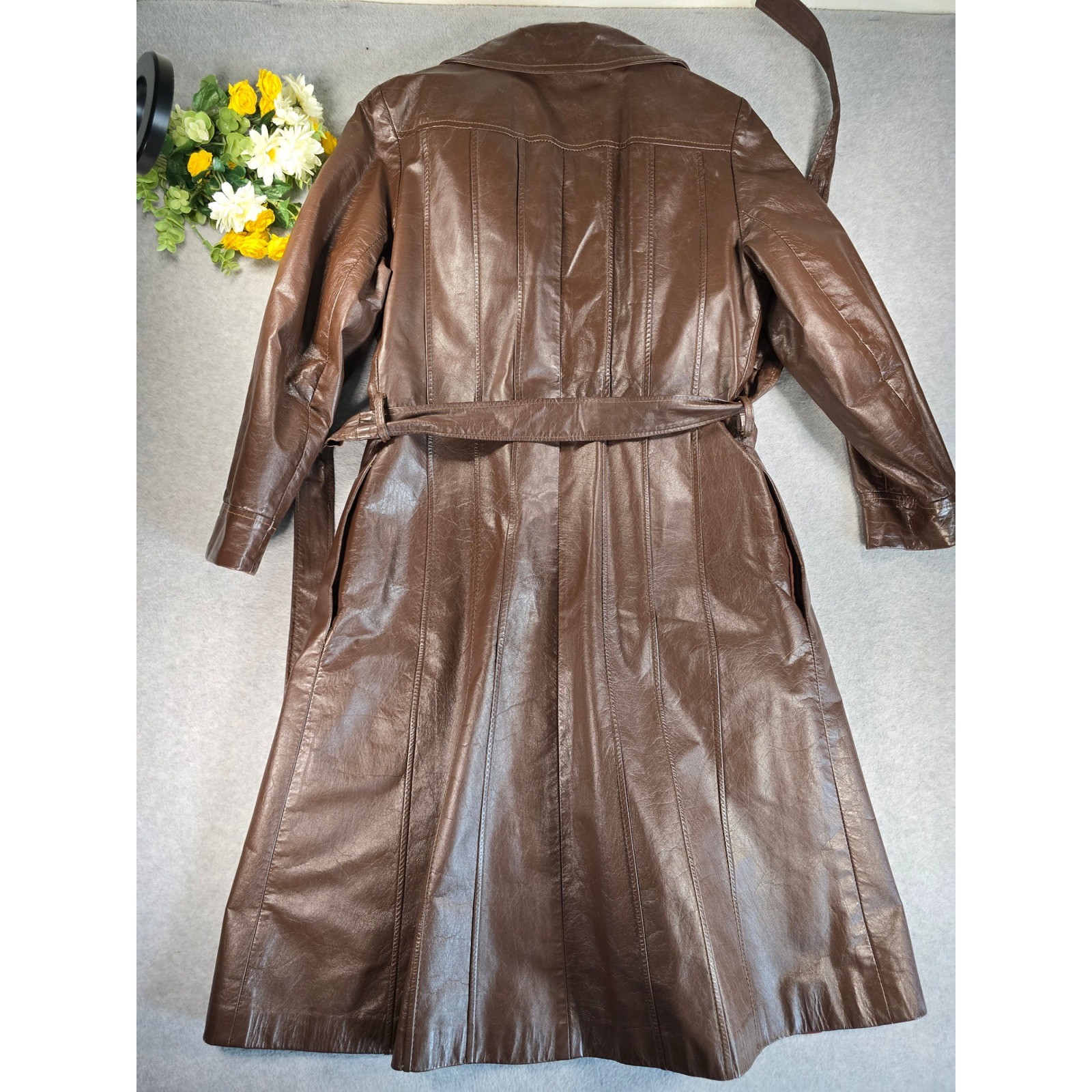 Vintage 70s Brown Leather Trench Coat Long Belted Womens 14 Junior Gallery Retro