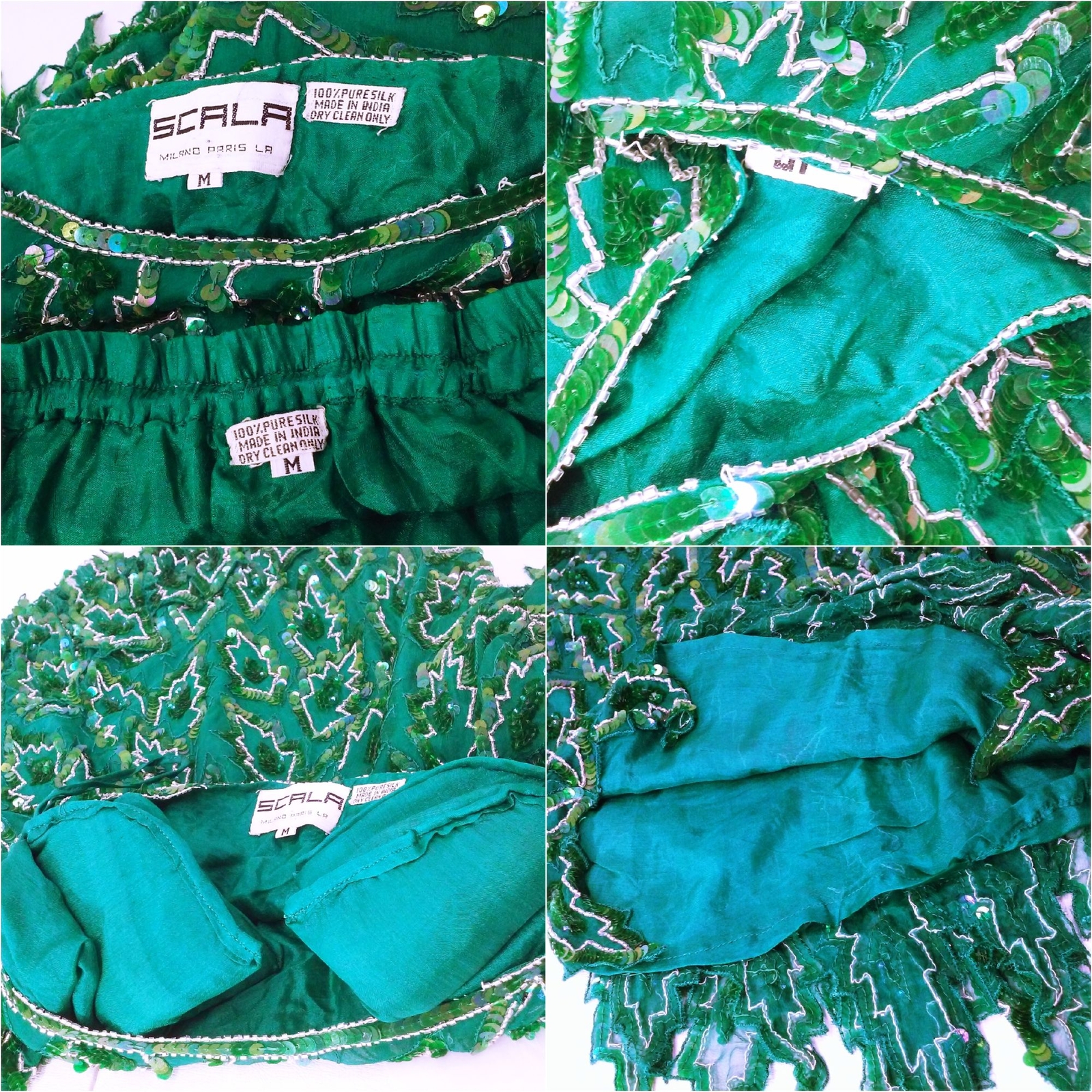 Vintage 80s Scala 2-pc Set Gatsby Silk Sequin Beaded Leafy Blouse Skirt -M Teal