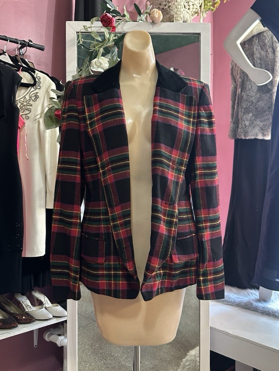 Vintage 80s 90s Structured Blazer Plaid Purple Green Holiday Tailored Diana M