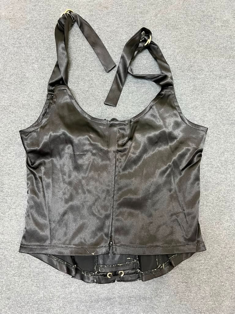 Vintage Frederick’s of Hollywood Black Satin Lace-Up Corset Tank Top Size Small