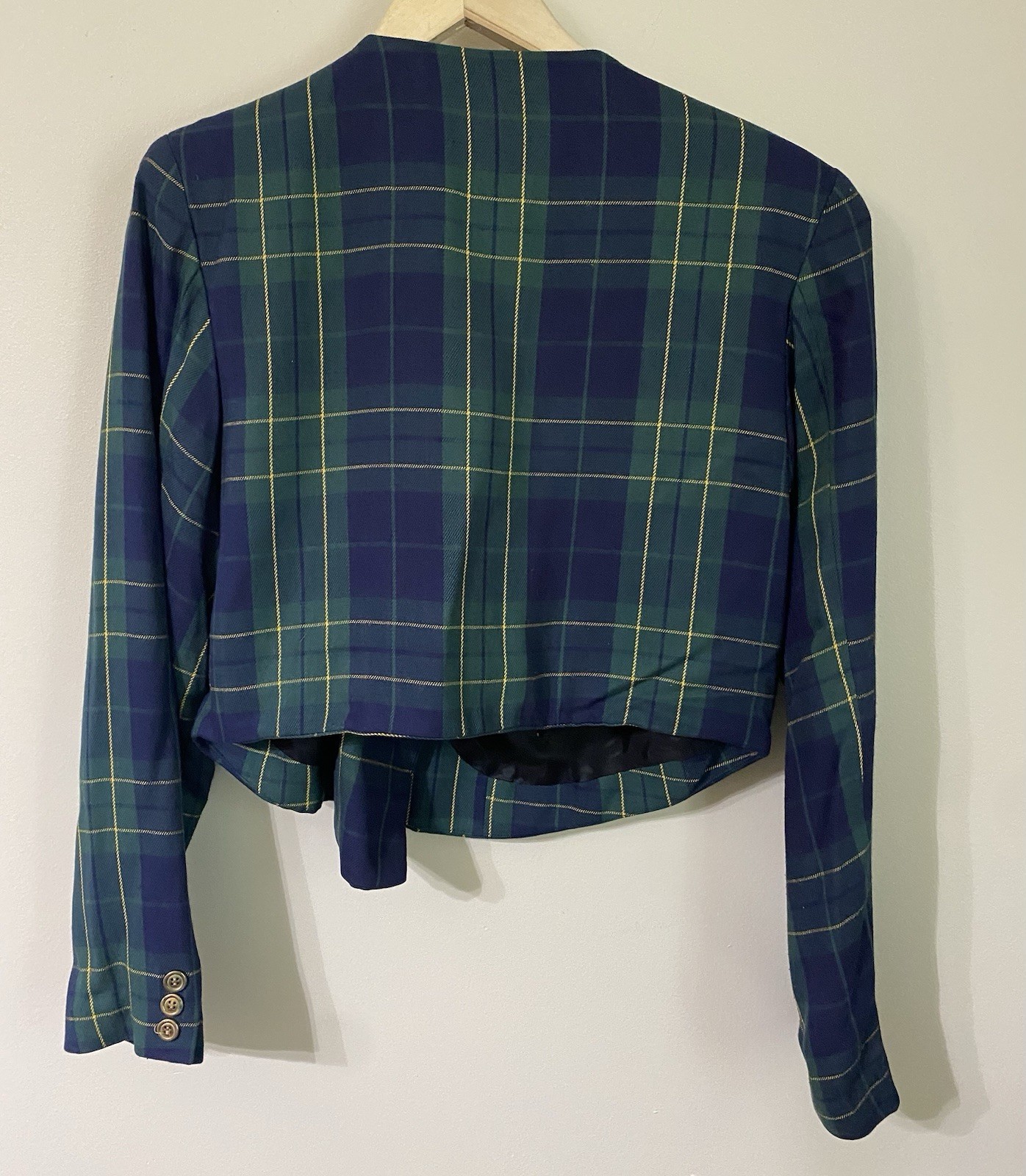Vintage Ann Taylor Green Tartan Plaid Short Cropped Blazer Jacket 12 USA Preppy