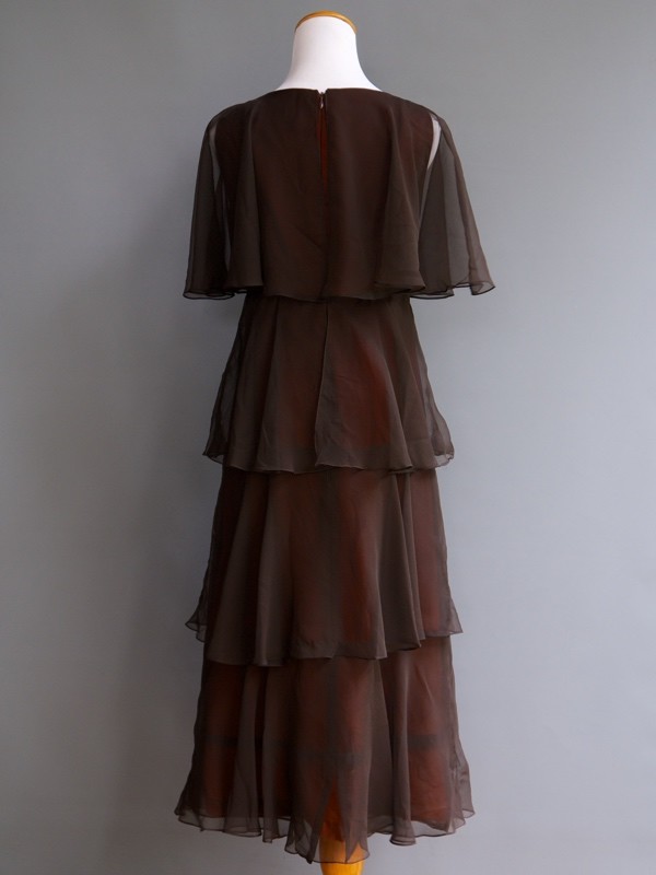 VTG 70s Marita Anthony Muto Diaphanous Tiered Brown Sheer Chiffon Disco Dress S