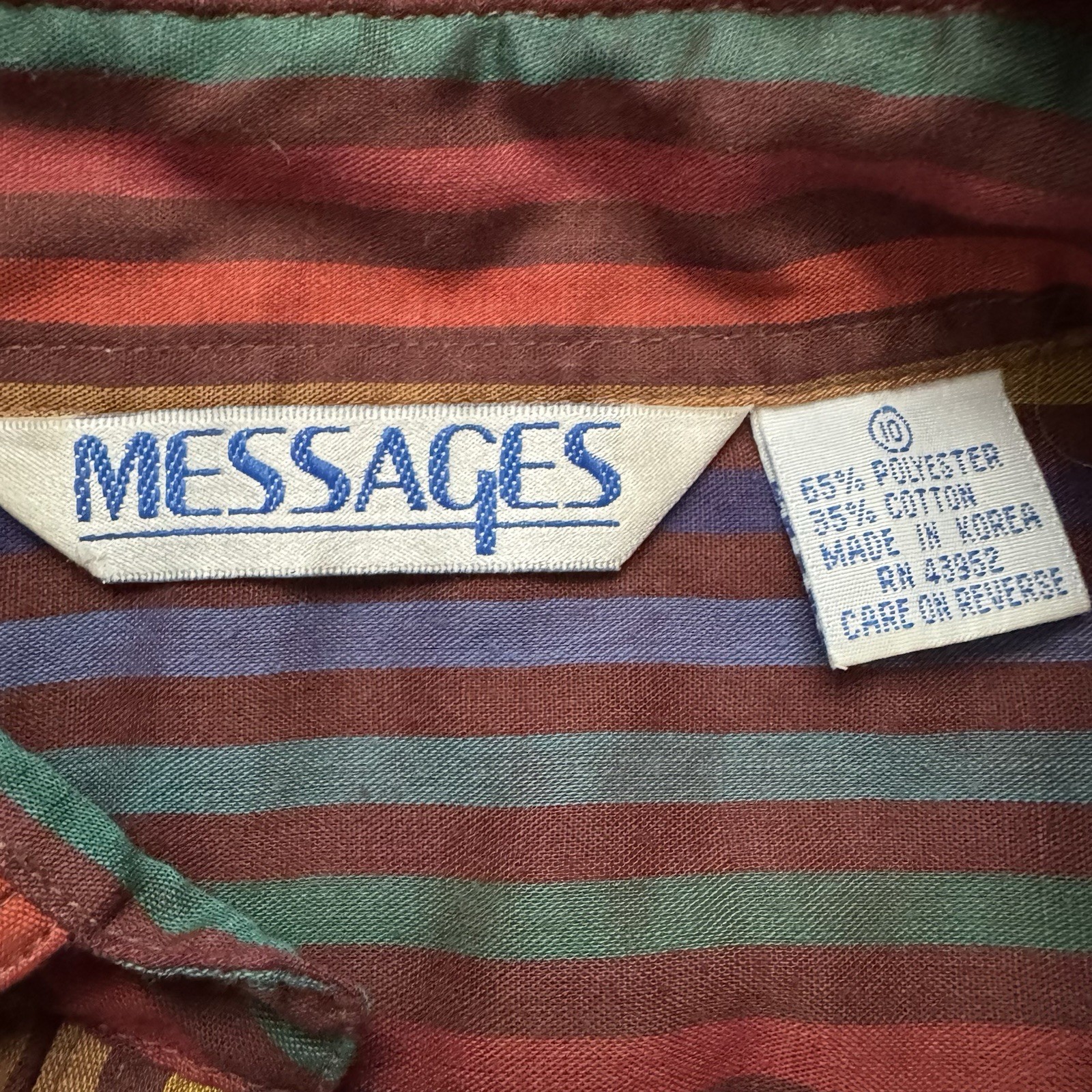 Vintage 80s Vertical Striped Button Light Shirt Messages Womens Sz 10 Multicolor