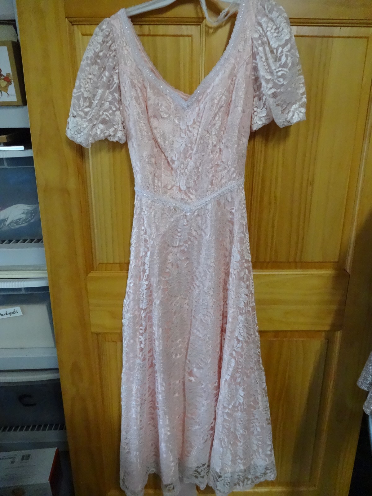 Vtg 80s Powder Pink Lace over satin Evening Wedding Prom Dress UNION Made 7/8