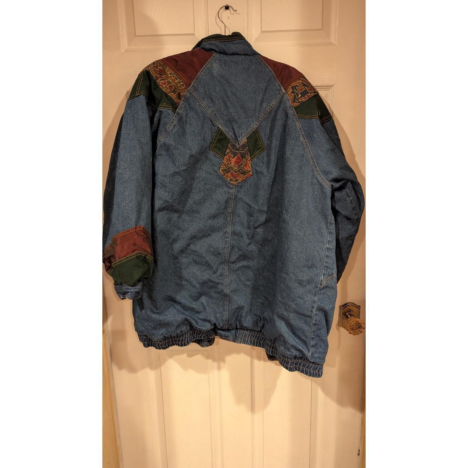 Two Twenty Denim Jacket Aztec Print Lined Snap Front Quilted Coat Vintage 90s