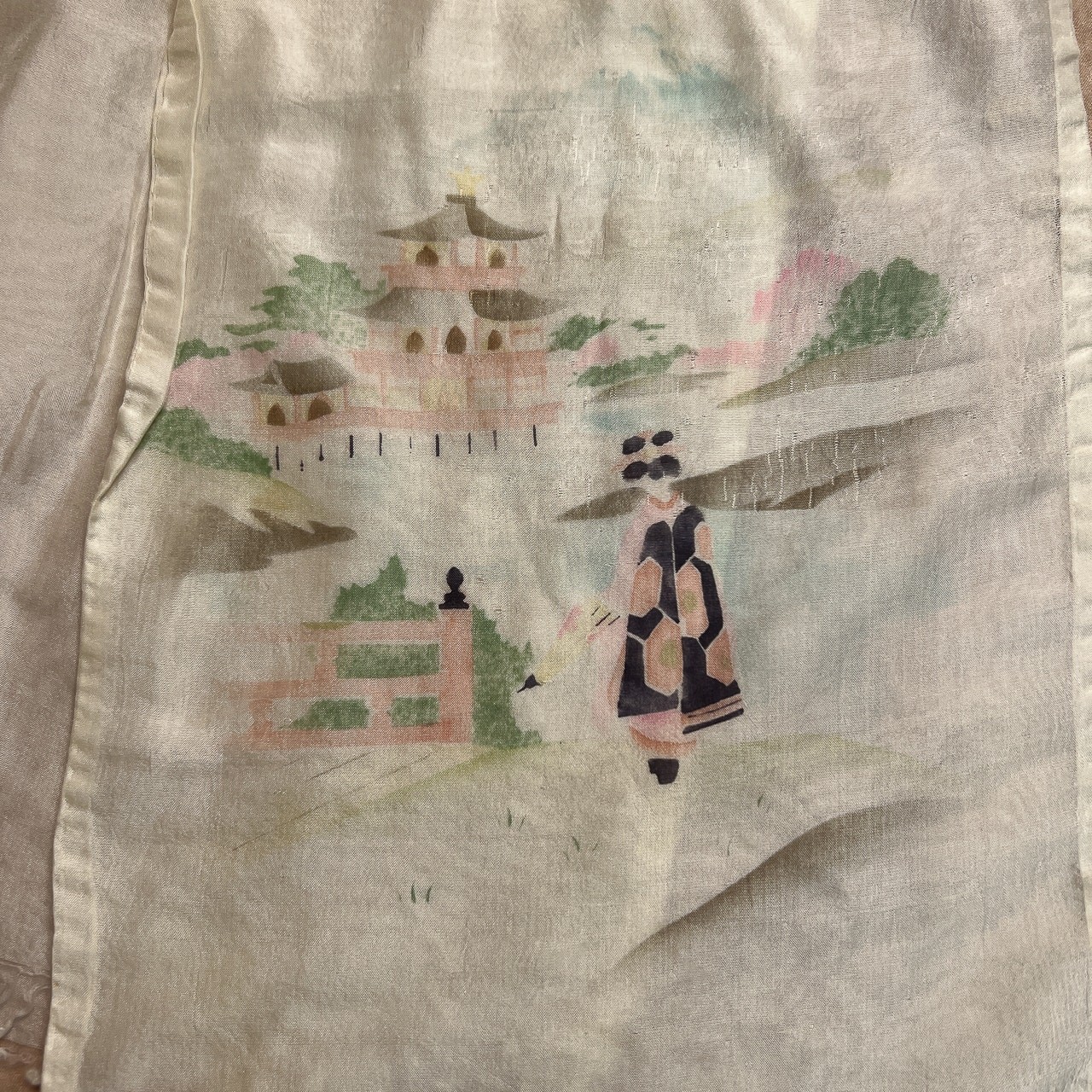 Vintage 40s Japanese Painted Geisha Kimono Garden Pagoda Scarf Multicolor Fringe