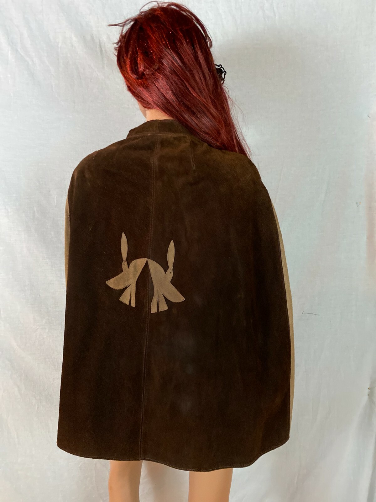 Vtg 60-70s Cape Poncho Coat 2 Tone Brown Diamond Art Love Zip Birds Back Hippy S