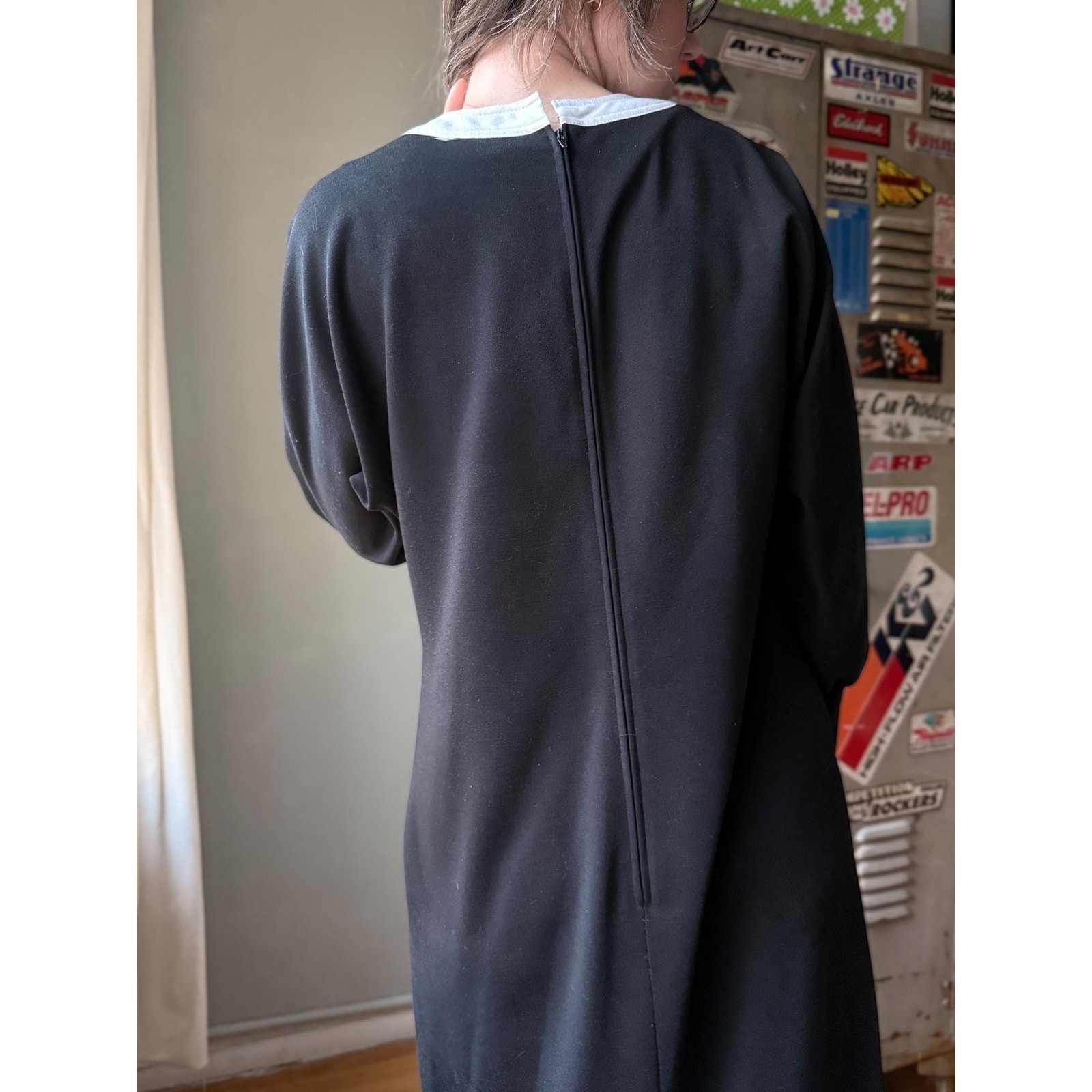 Vintage 70s Leslie Fay Knit Midi Dress | Black White Graphic | Size 14