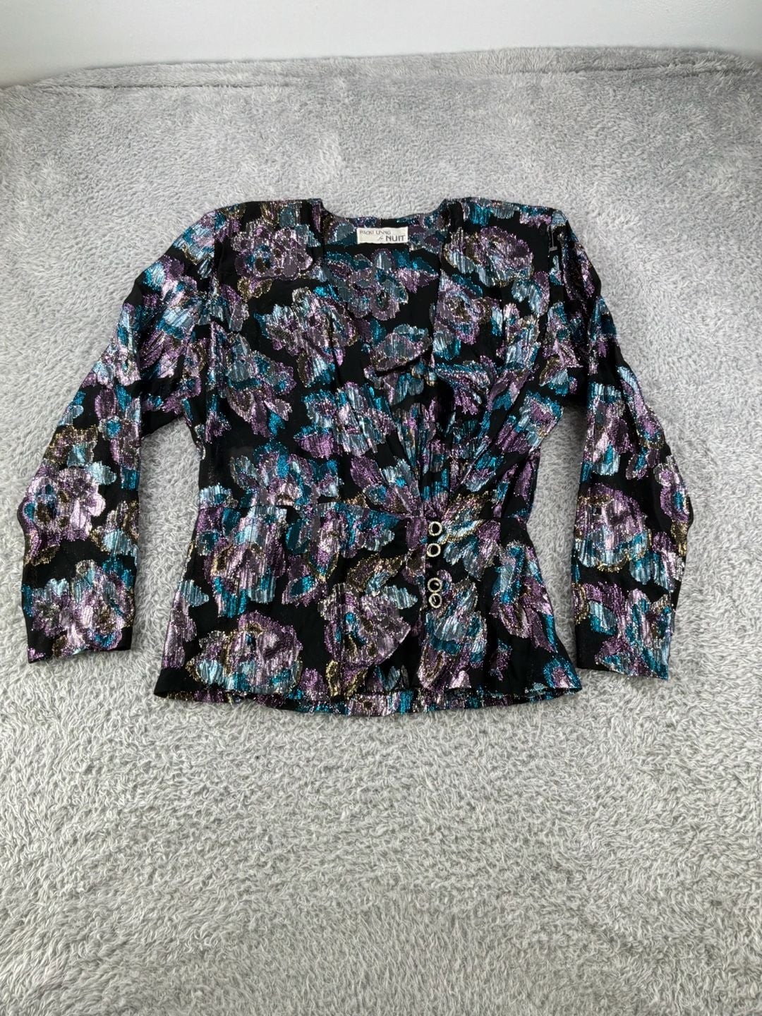 Vintage Ricki Lang for Nuit 80s Metallic Floral Lurex Peplum Blouse