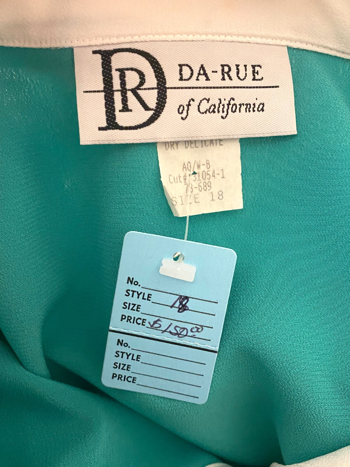 New Vintage Da-Rue California Women’s 18 Blouse Button Dagger Collar Teal Green