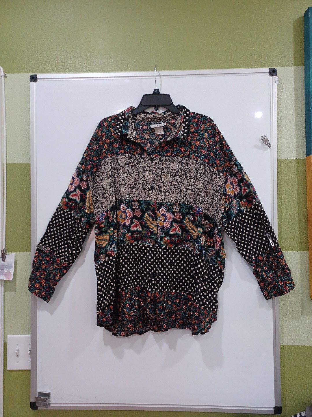 Vintage Caliche 44/24W Women’s Boho Multi-pattern Long Slv Hippie Blouse