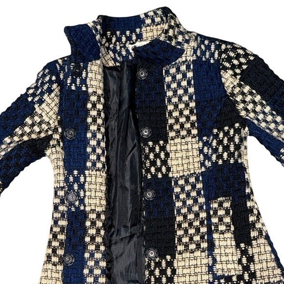 VINTAGE Handmade Korean Textured Weave Coat Navy Blue Cream Plaid A-Line | Sz M