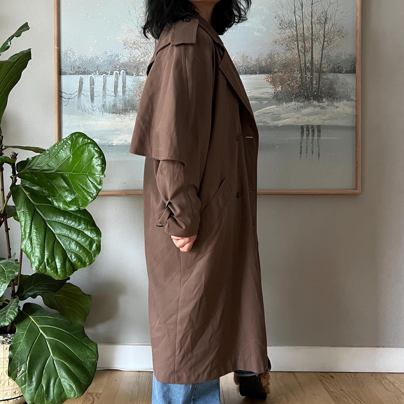 Vintage Brown Trench Coat Minimalist Long Coat Classic Oversized 90s Chic